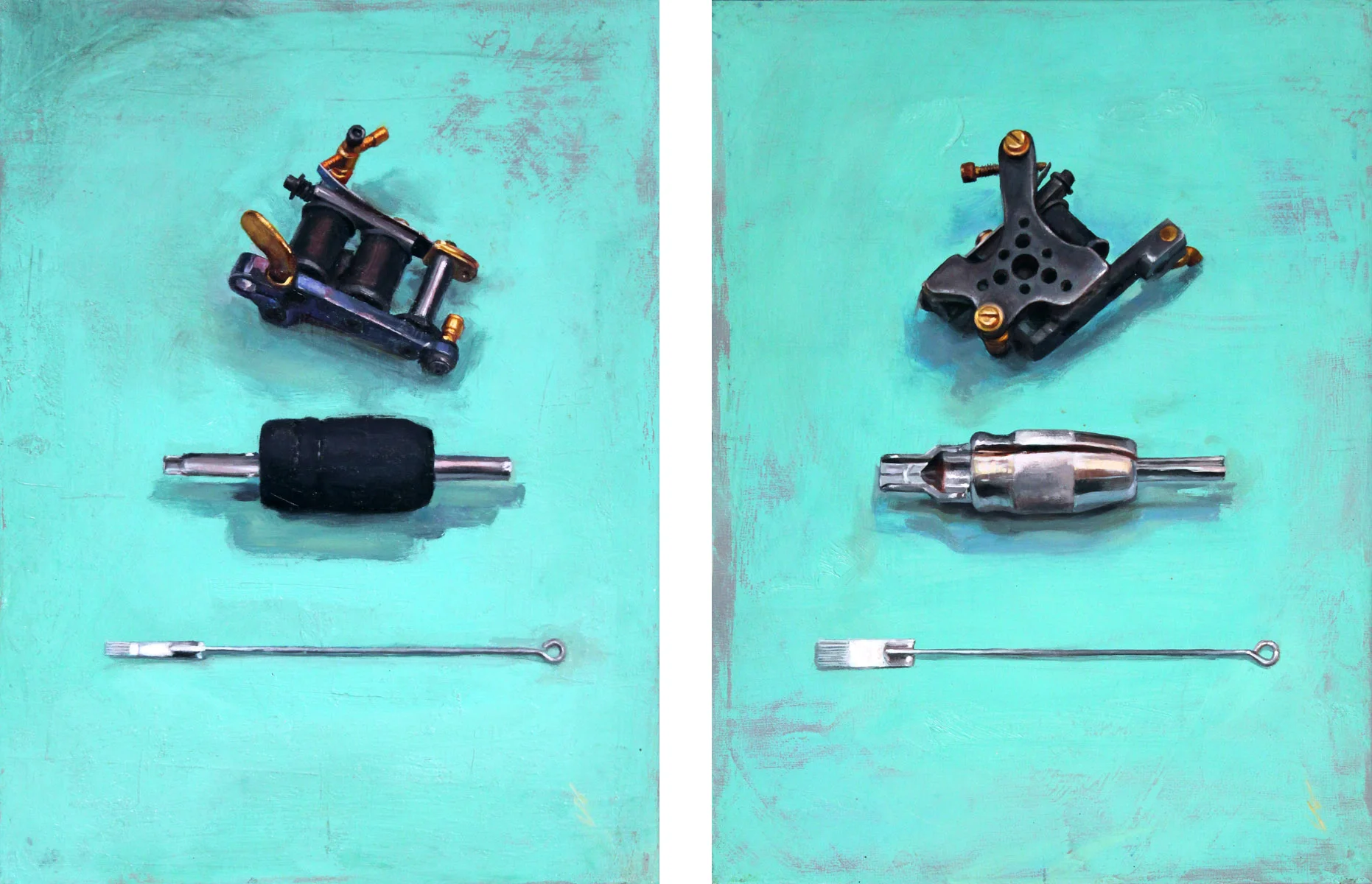'Daily Driver, Marcus Pacheco Shader', Collection of Dan Marshall / 'Daily Driver, Jeff Srsic Shader', Collection of Adam Hays / Both oil on panel, 10" x 8", 2012