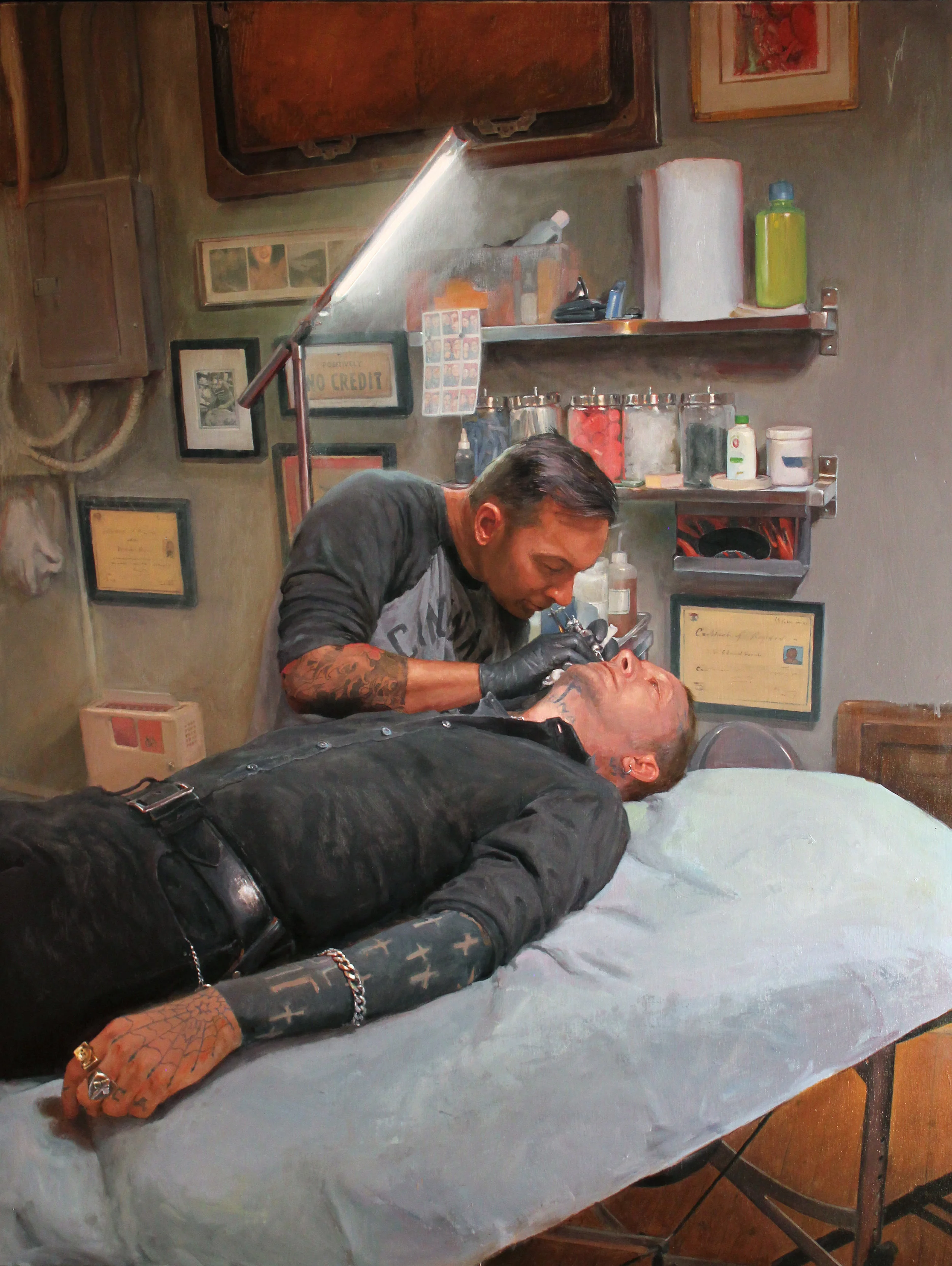 'Tyler Borich at Work (Tattooing Chris Conn)', oil on panel, 48" x 36", 2016