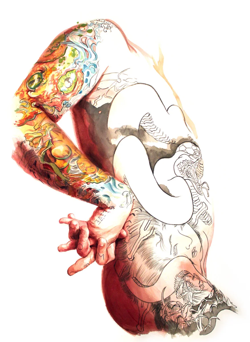 'Tattooed Self Portrait, Torso Study 1', watercolor and gouache on 300lb. paper, 30" x 22", 2010