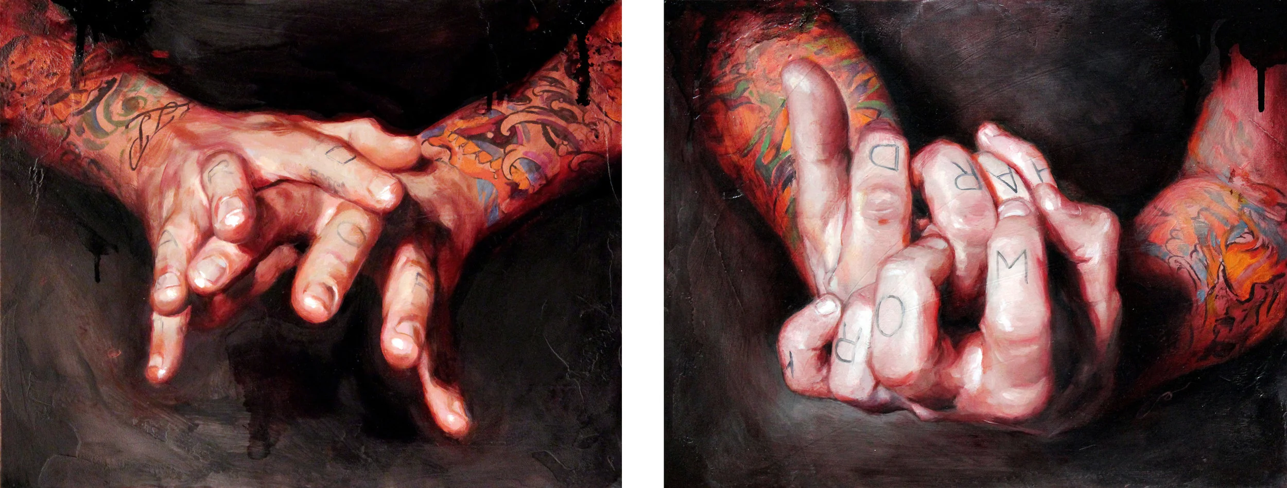 'Self Portrait, Hand Series 1', oil on panel, 11" x 14", Collection of Carl Niendorff / 'Self Portrait, Hand Series 4', oil on panel, 11" x 14", Collection of David Benitez / 2010