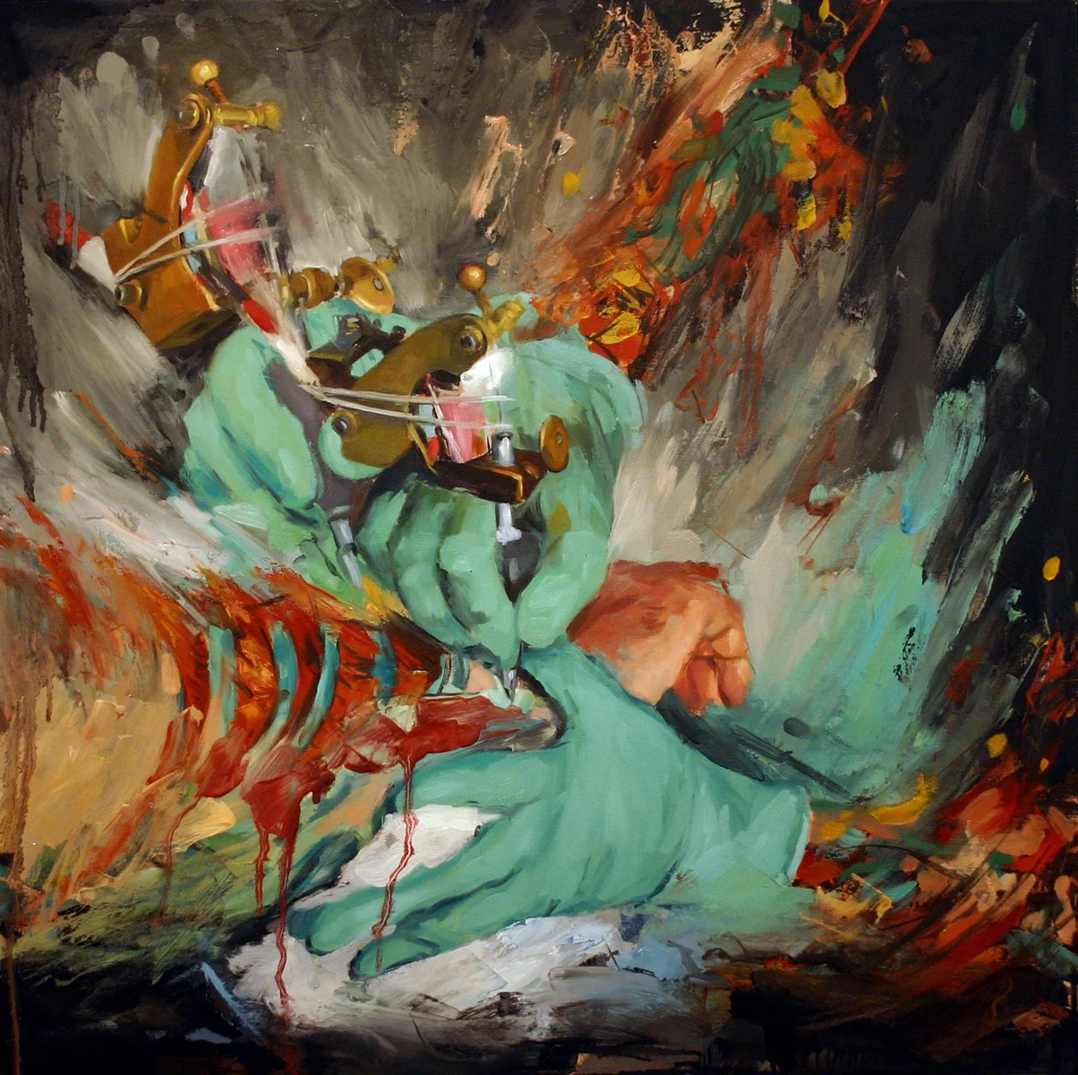 'The Process (Yutaro Sakai at Work)', oil on panel, 24" x 24", 2005, Collection of Jonah Austin