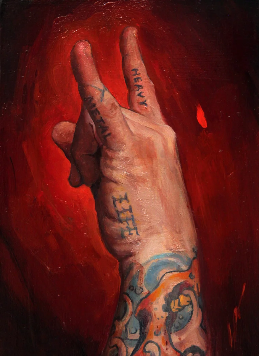 'Heavy Metal Life, Self Portrait Hand Study', oil on panel, 7" x 5", 2016, Collection of Gregory P. Rodriguez