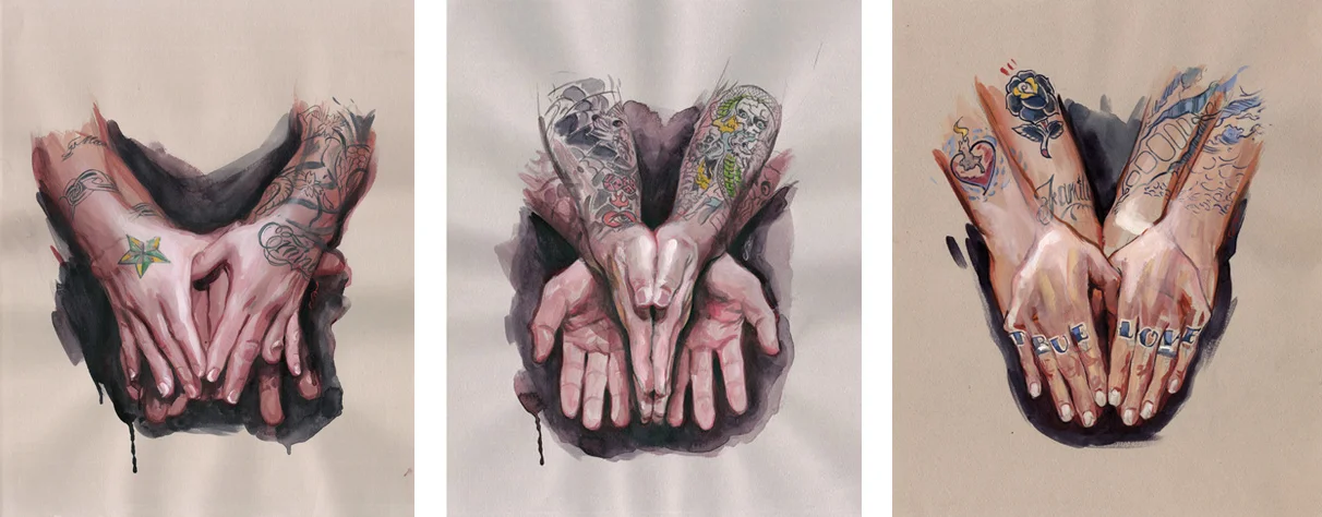 'Marco Serio's Hands', Collection of Marco Serio / 'Shinji's Hands', Private Collection / 'Bryan Randolph's Hands', Private Collection // All goauche, watercolor on toned paper, 12" x 9", 2007