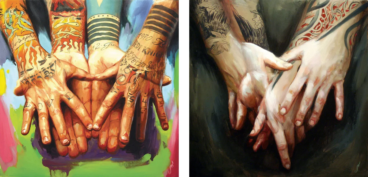 'JK5's Hands', oil on wood, 16" x 16", 2007, Private Collection / 'Joshua Lord's Hands', oil on wood, 16" x 16", 2007, Collection of Joshua Lord