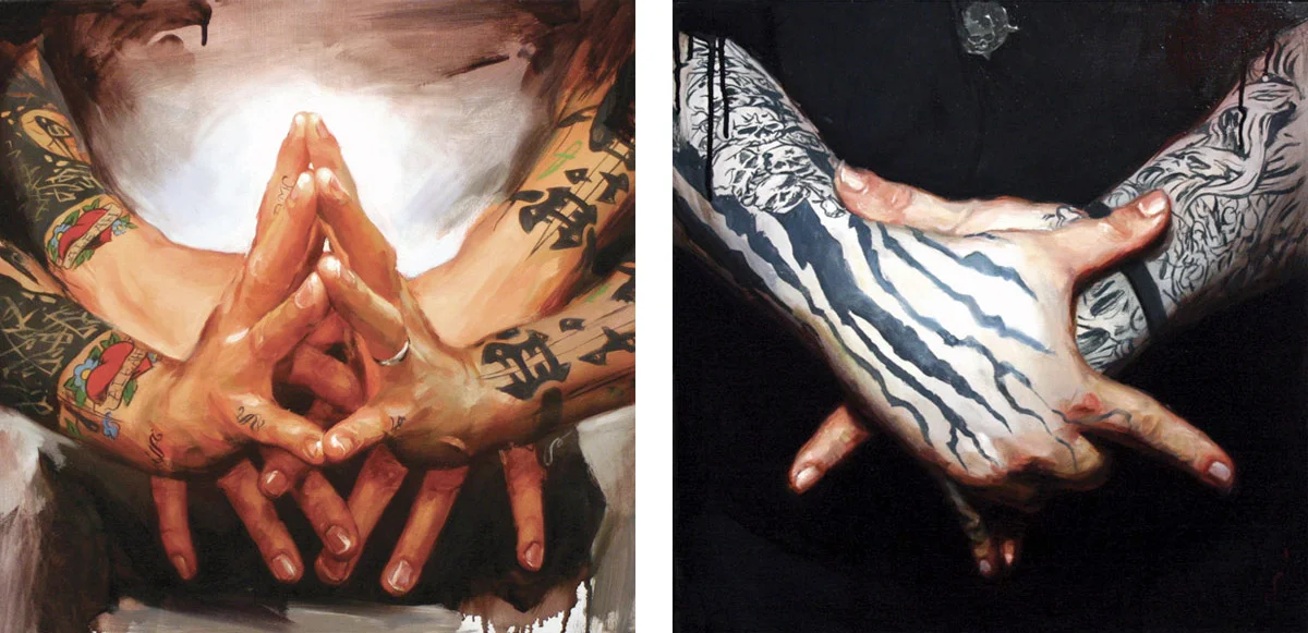 'Patrick Conlon's Hands', oil on wood, 16" x 16", 2007, Private Collection / 'Paul Booth's Hands', oil on wood, 16" x 16", 2007, Collection of Don Bouchard