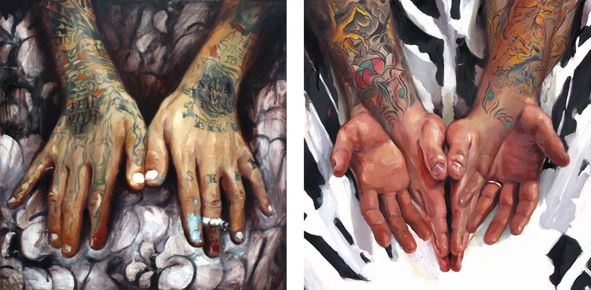 'Seen's Hands', oil on wood, 16" x 16", 2007, Collection of Seen / 'Troy Denning's Hands', oil on wood, 16" x 16", 2007, Collection of Troy Denning