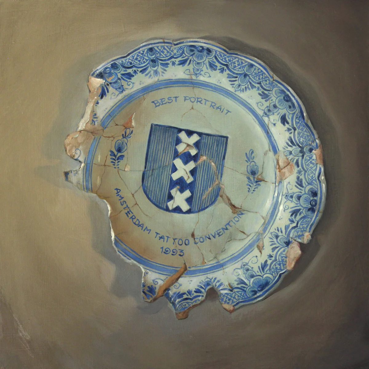 ‘Portrait of a Plate (Tin-Tin's Amsterdam Tattoo Convention Trophy)', oil on panel, 12" x 12”, 2017