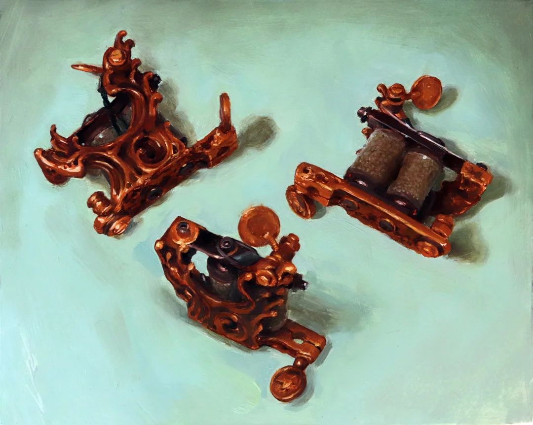 'Sailor Kea/Tin-Tin tattoo Machine, 3 Views', oil on panel, 8" x 10", 2019, Collection of Bruno Kea
