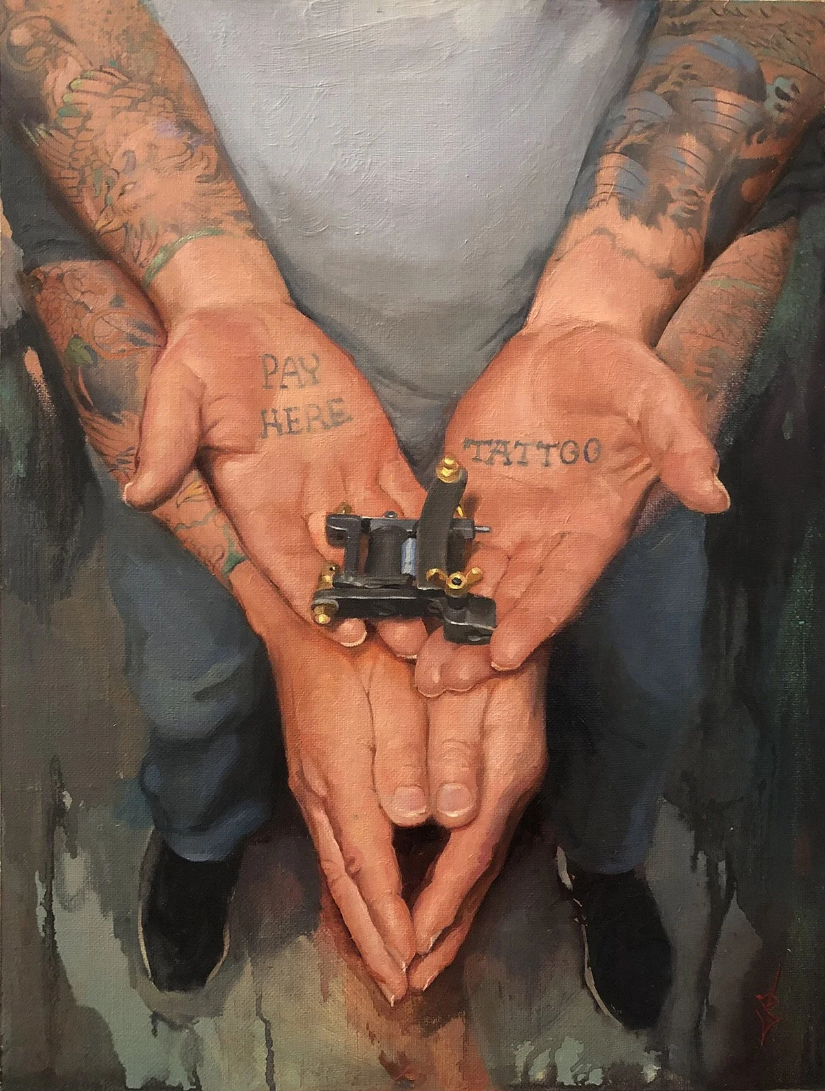 'Scott Sterlings hand and Tattoo Machine', oil on linen panel, 16" x 12", 2022
