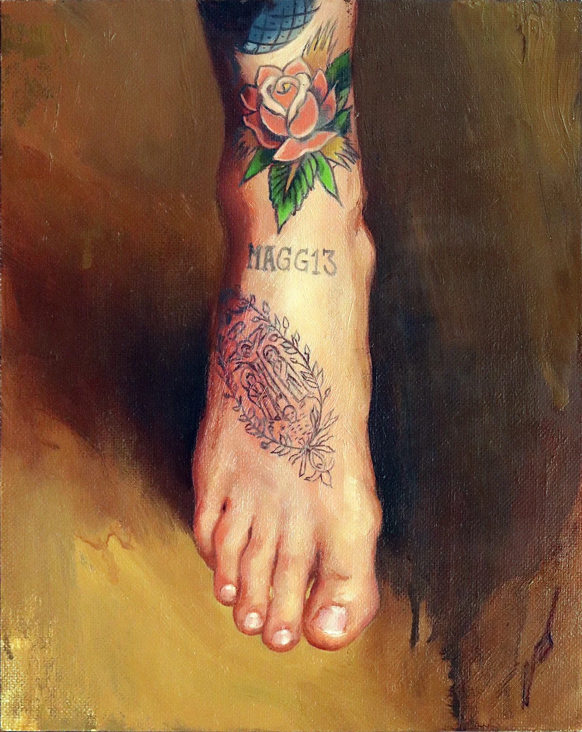 'Phillip Larocca's Razzouk Foot Tattoo', oil on linen panel, 10" x 8", 2022