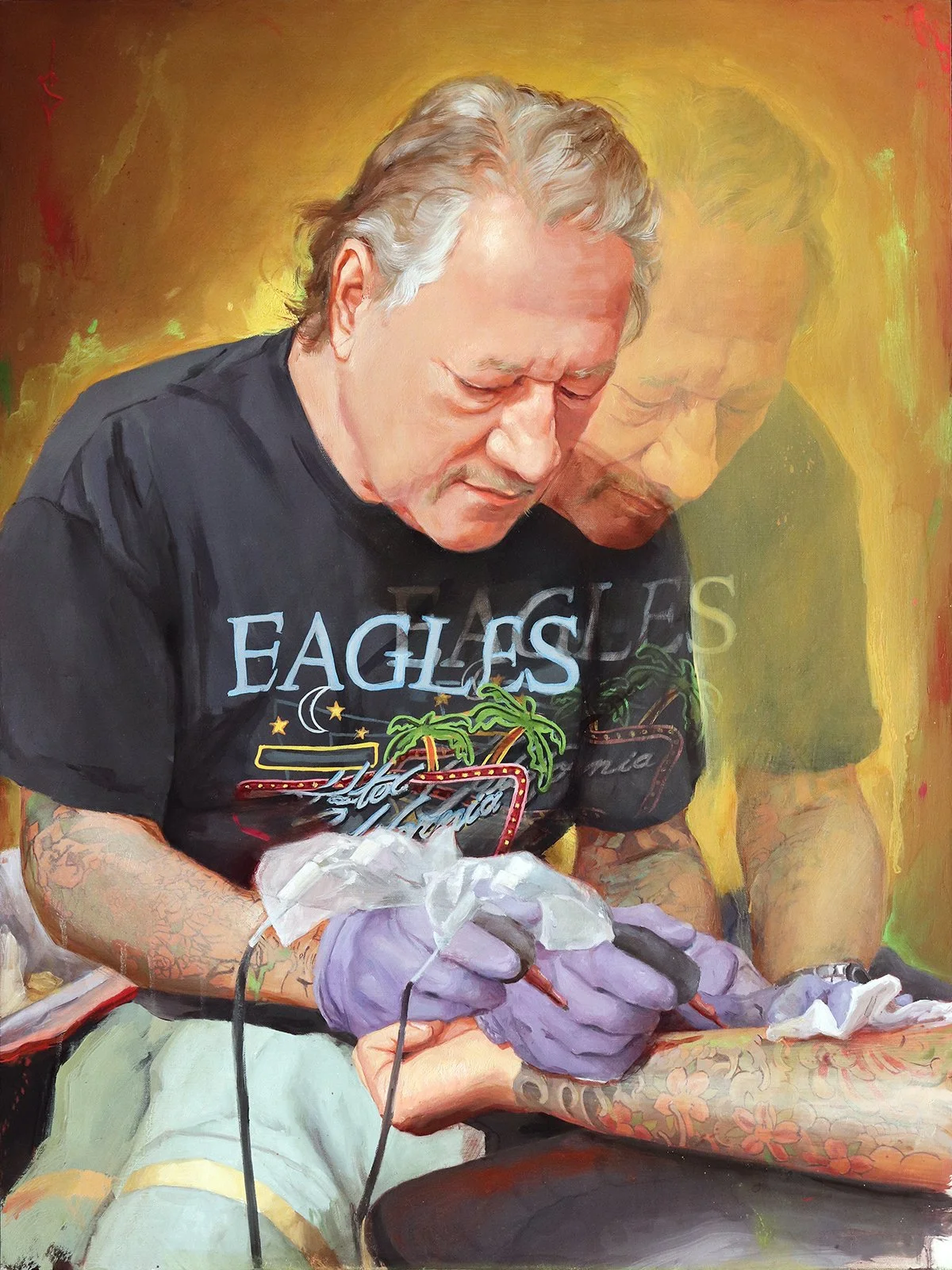 'Greg James at Work' oil on linen panel, 24" x 18", 2023