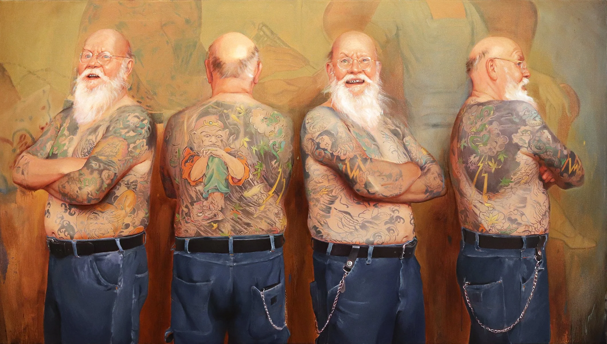 'Portrait of the Artist, Dana Brunson, 4 views' oil on canvas, 36" x 64", 2022