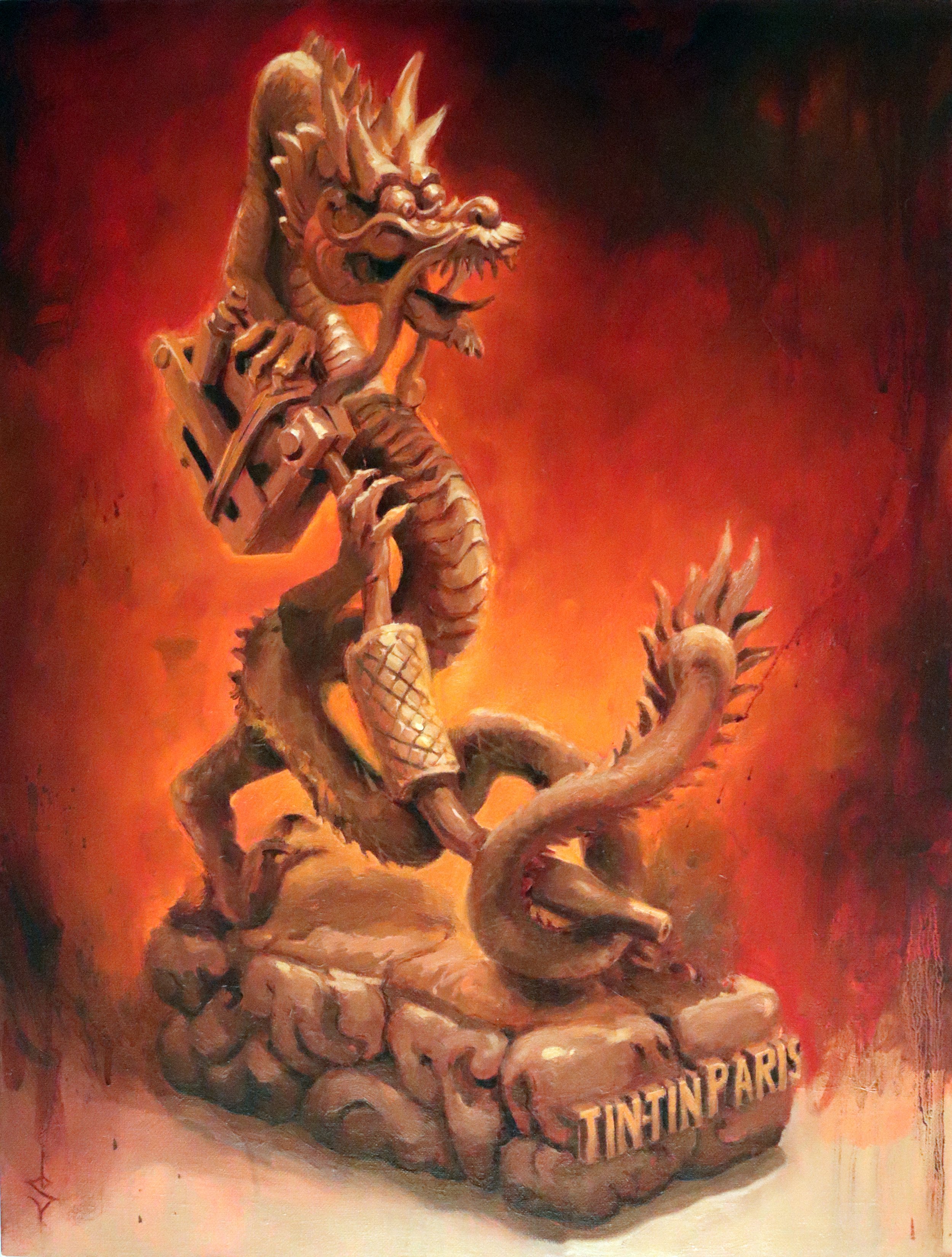 ‘Tin-Tin’s Dragon Sculpture’, oil on linen panel, 24” x 18”, 2023
