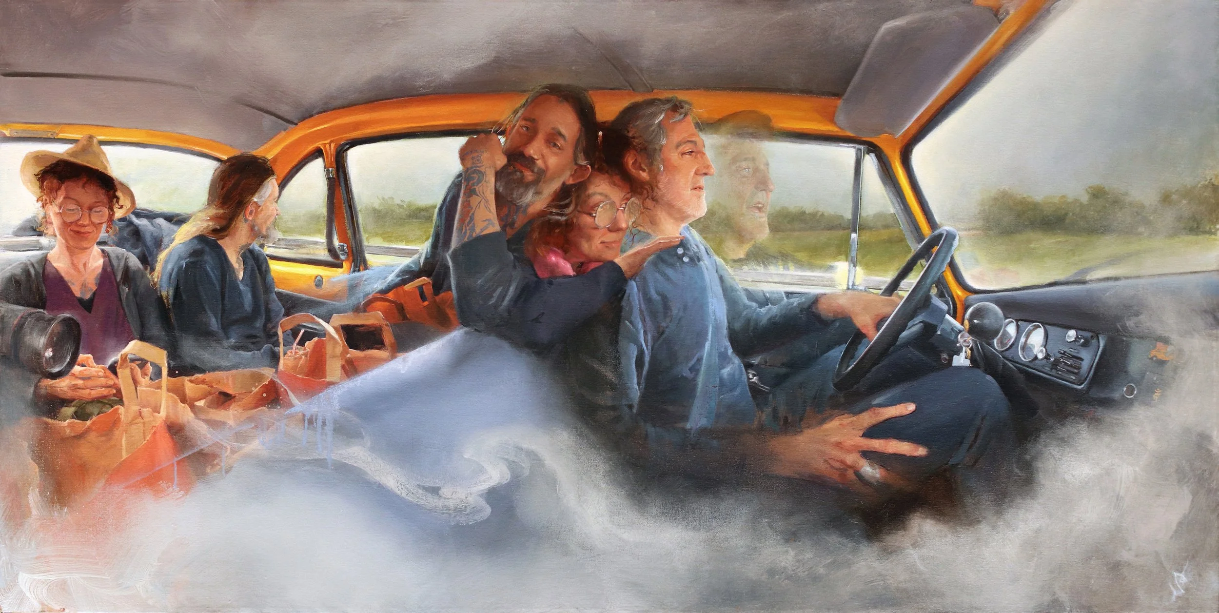 ‘Checker Demon Cab Ride from Stuttgart to London, (with Luke, Filip, Titine, Tino, and Sue)', oil on linen, 24” x 48”, 2020