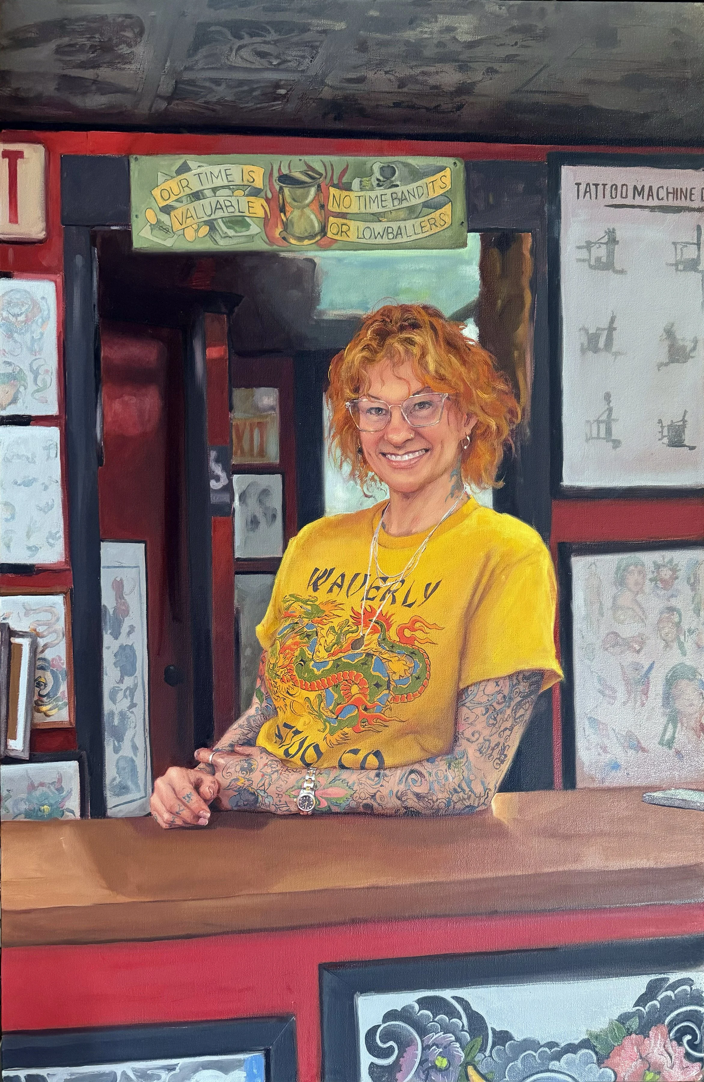 ‘Portrait of the Artist, Annette LaRue, Electromagnetic Tattoo’, oil on canvas, 36” x 24”, 2025
