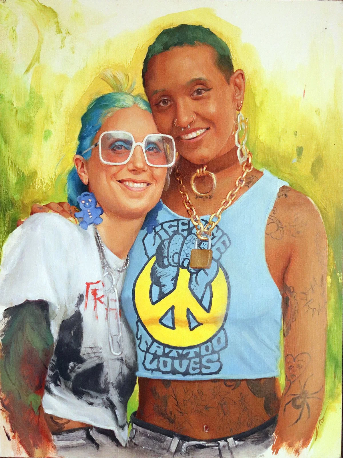 'Seattle Friends, Heidi Sandhorst and Lauren Ephraim', oil on linen panel, 16” x 12”, 2022