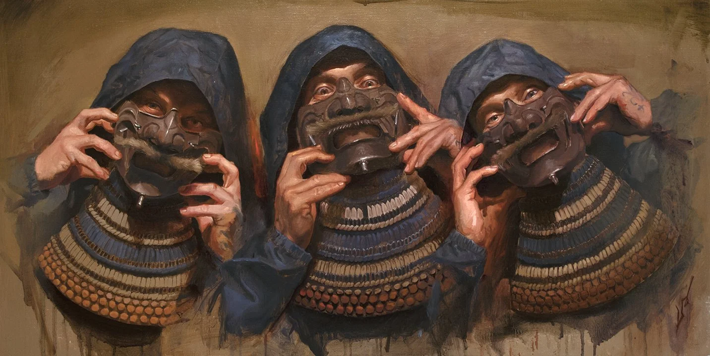 ‘Portrait of the Artist, Carlos Torres, 3 views’, oil on linen, 16” x 32”, 2023