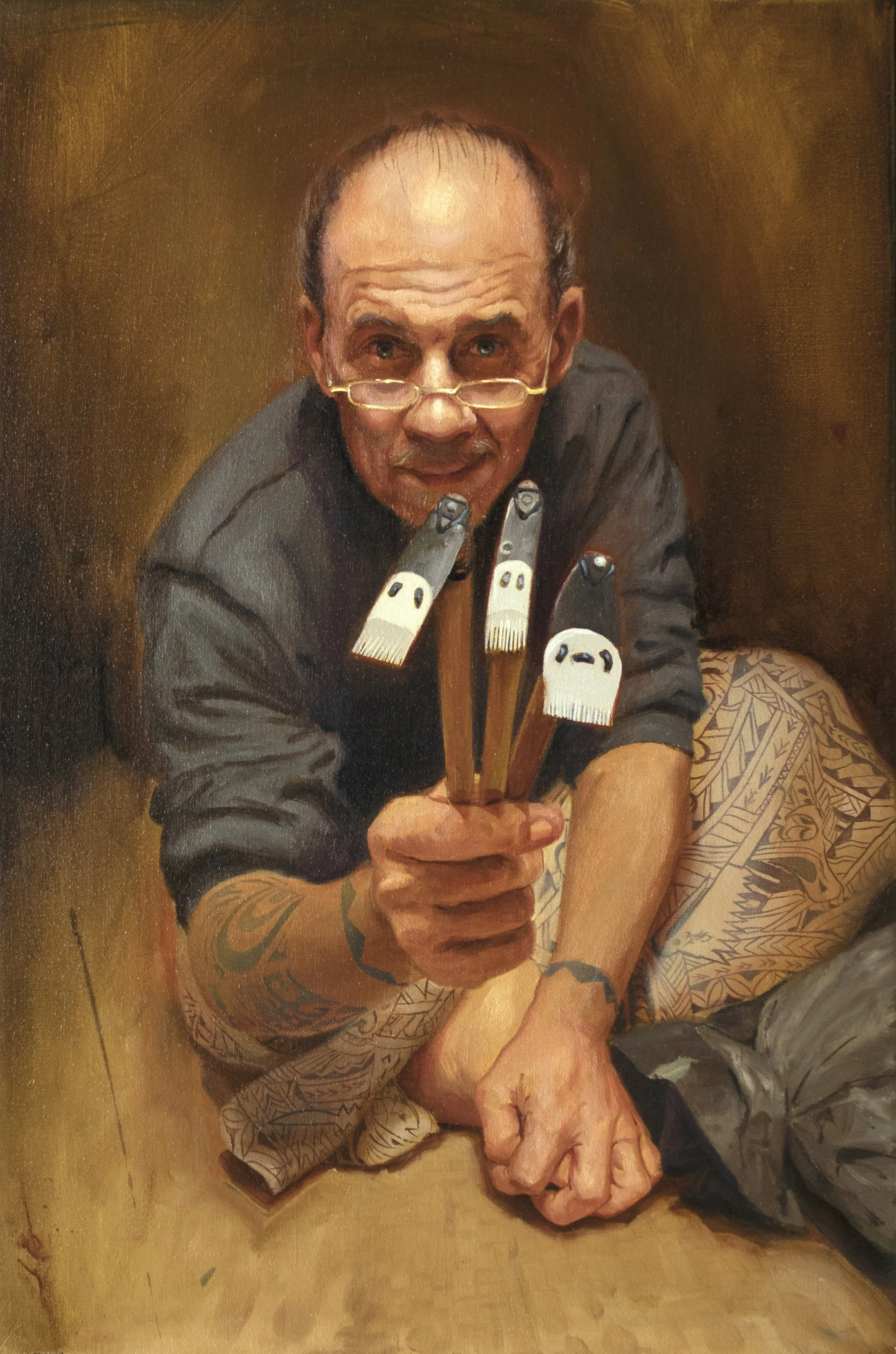 ‘Portrait of the Artist, Suluape Pili Mo’o’, oil on linen, 24” x 16”, 2024