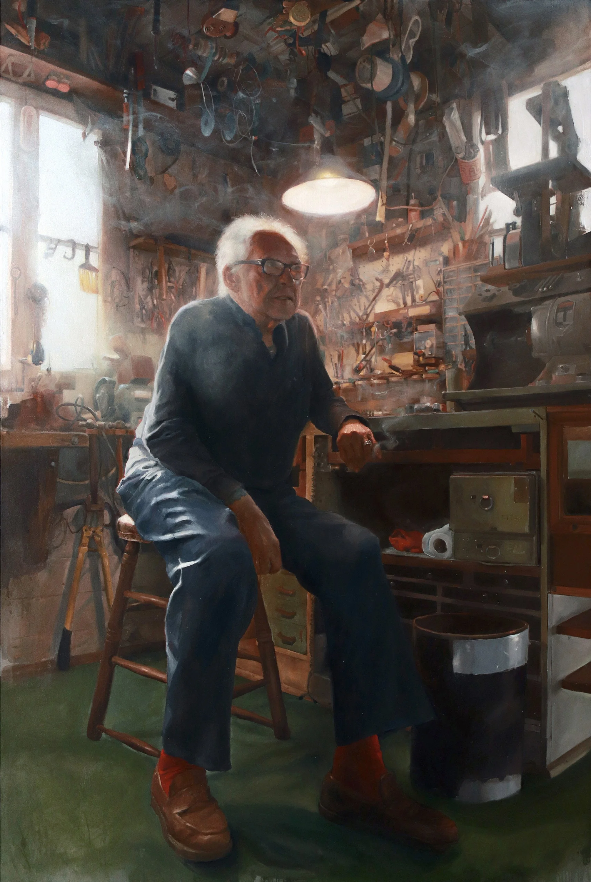 ‘Portrait of the Artist, Lyle Tuttle, in his Workshop, Ukiah, CA’, oil on linen, 72” x 48”, 2019, NFS