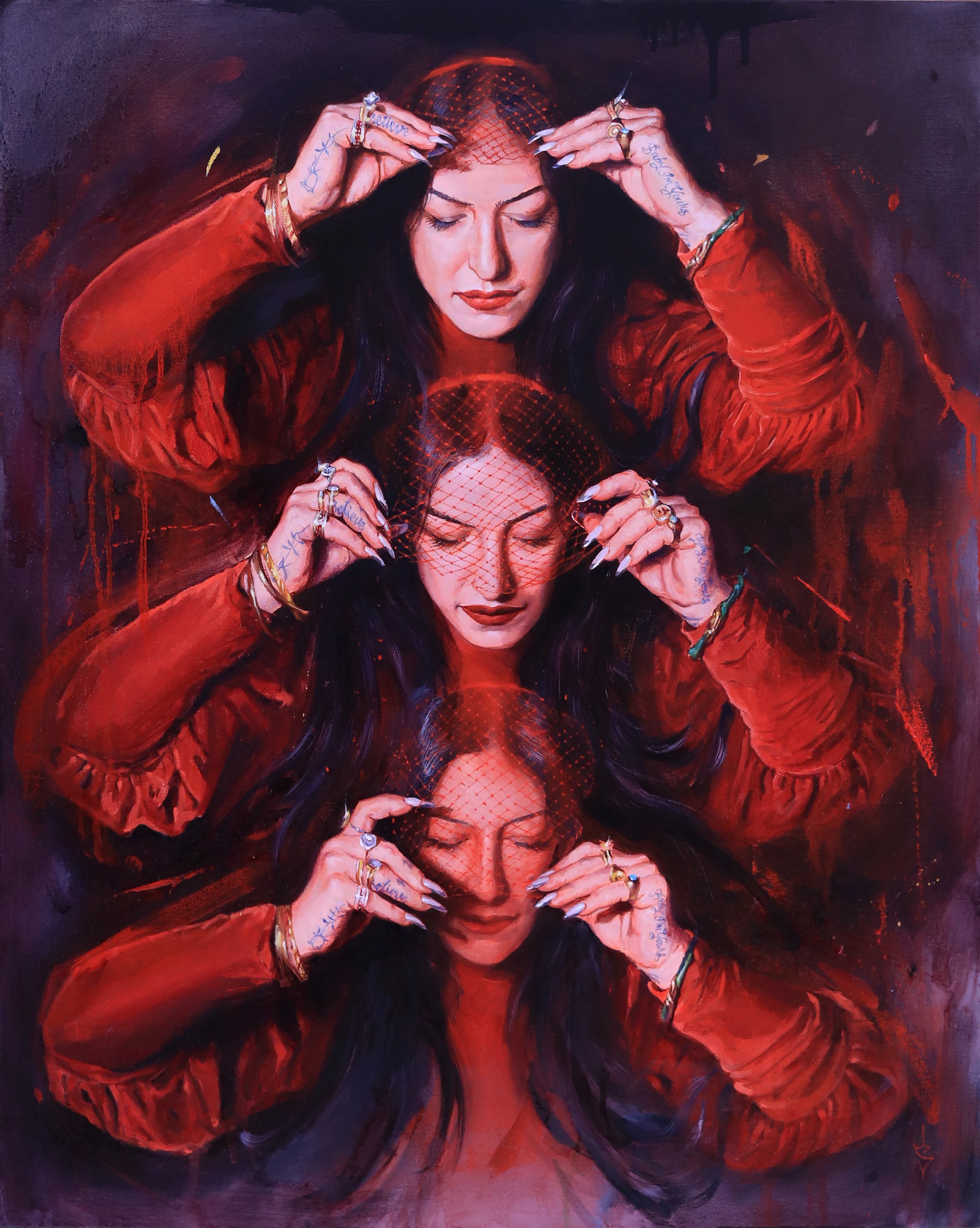  ‘The Red Veil, (Portrait of the artist, Leila Joon)’, oil on canvas, 30” x 24”, 2026 