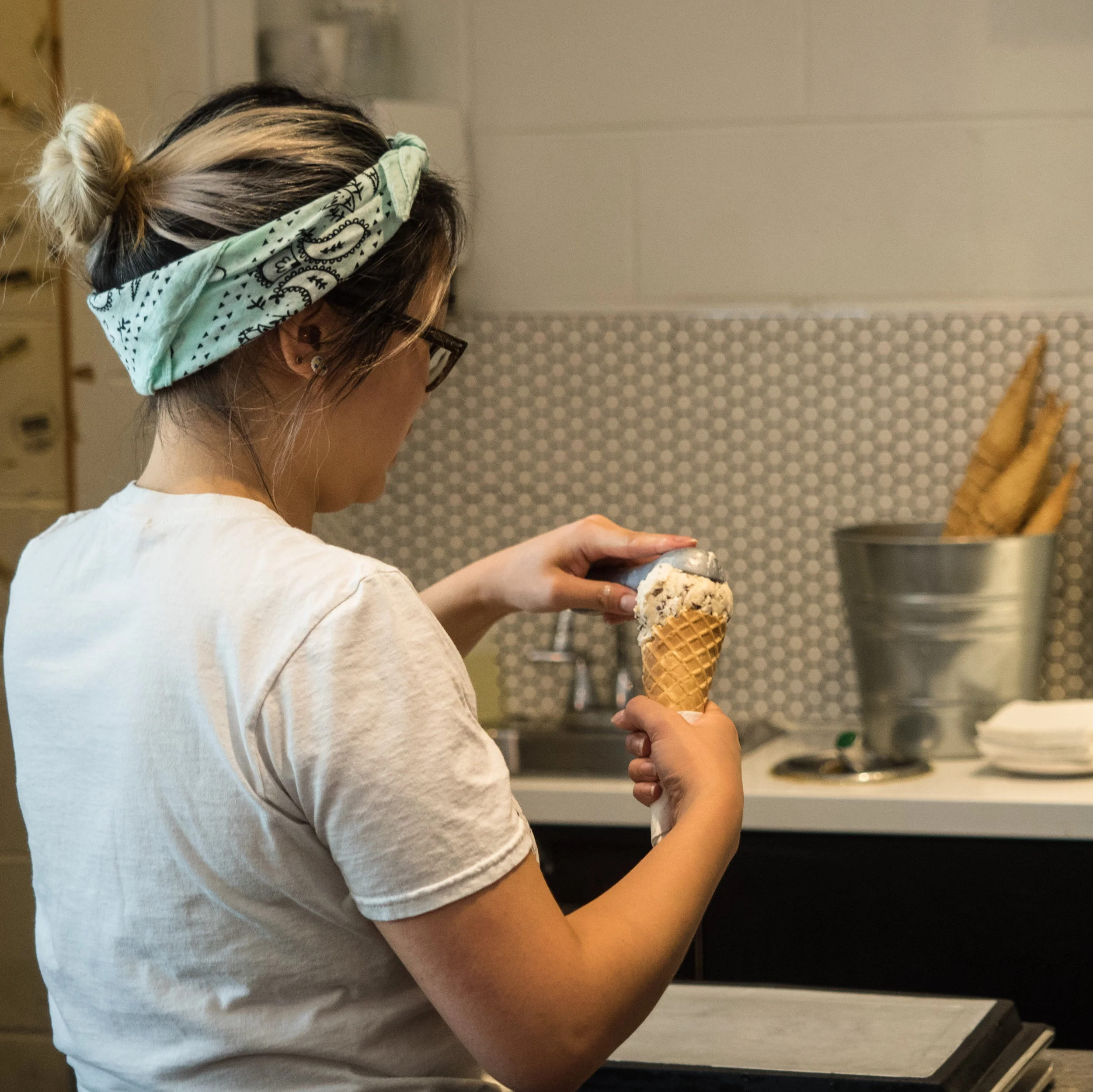 Take your pick: a cone or a glass cup. NO plastic!