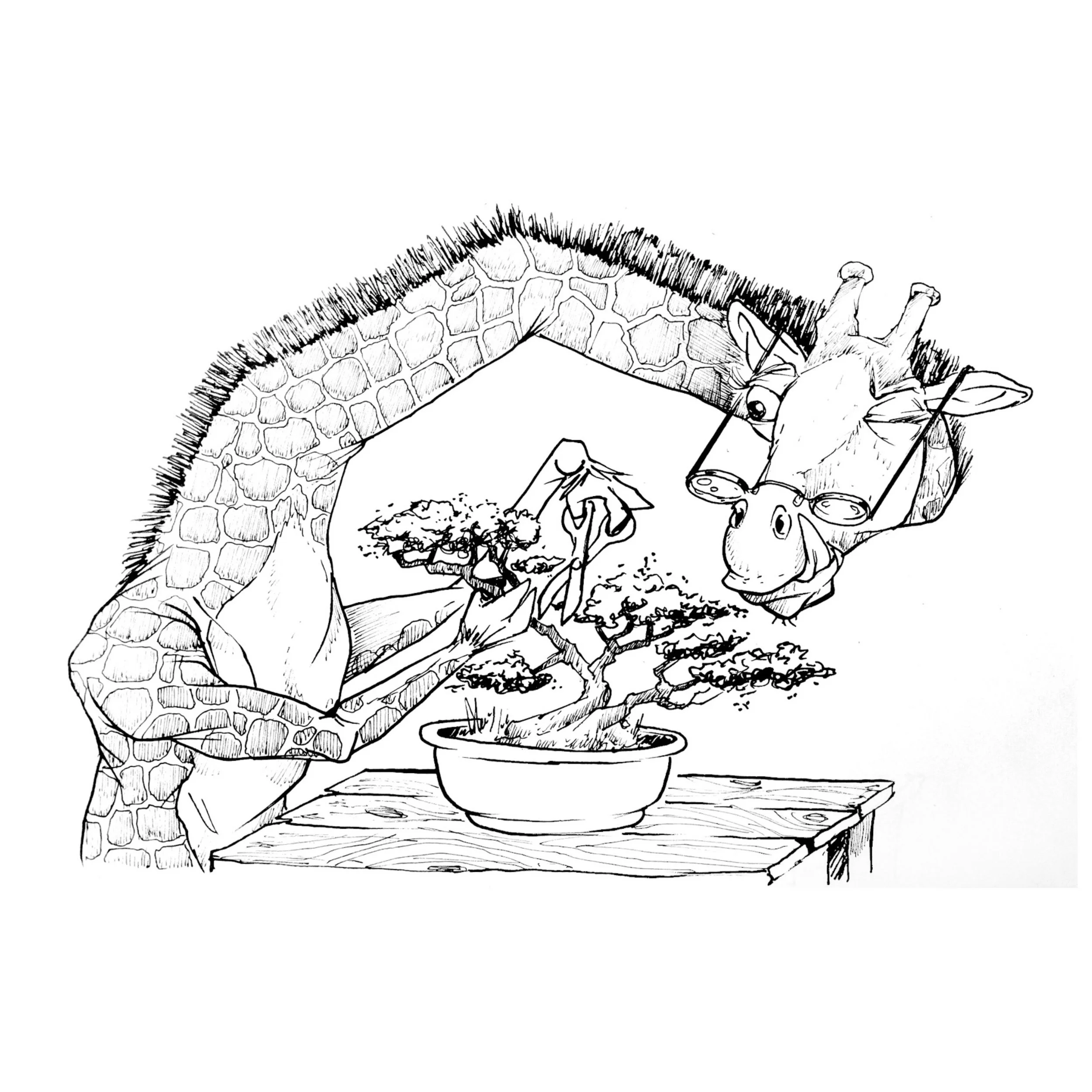 Giraffe Tending Bonsai Tree