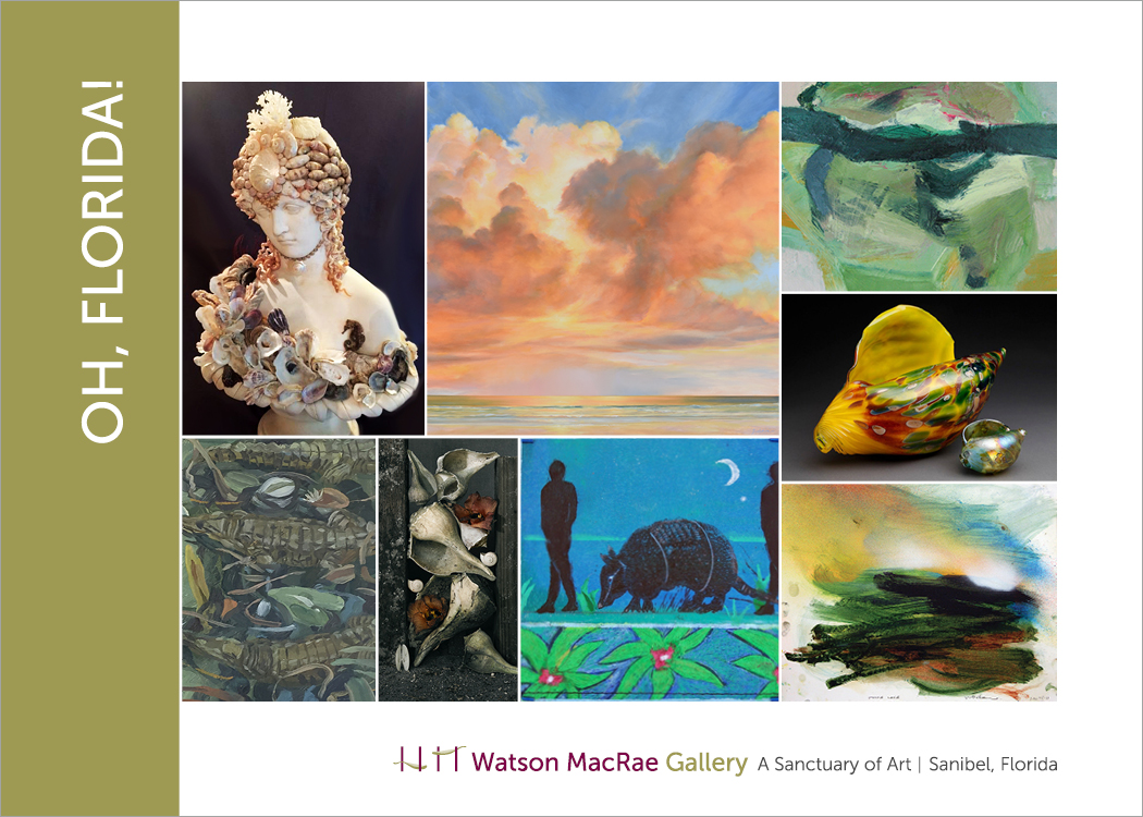 Click Image to Englarge | Artist and artwork clockwise from top left: L. Venditto, Ambrosia ; G. Biolchini, Florida Sky 41 ; H. Jeffcoat, Gulf; Cia Thorne, blown glass shells; D. Bannard, Tooke Lake ; L. Hunsaker, Wanderlust #2: Armadillo ; T. Staples, Shells with Maloe Flowers ; O. Gray, Bathing Alligators