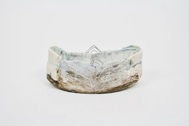 Blue and White Boat Form with Wire Bridge 5"x6"x12"
