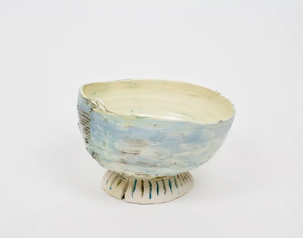 Blue and Cream Bowl with Porcelain Pedestal 9"x10"