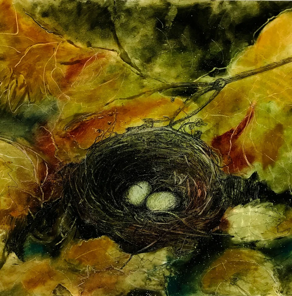 Deborah Martin Hidden Nest, 20x28” oil pastel and ink