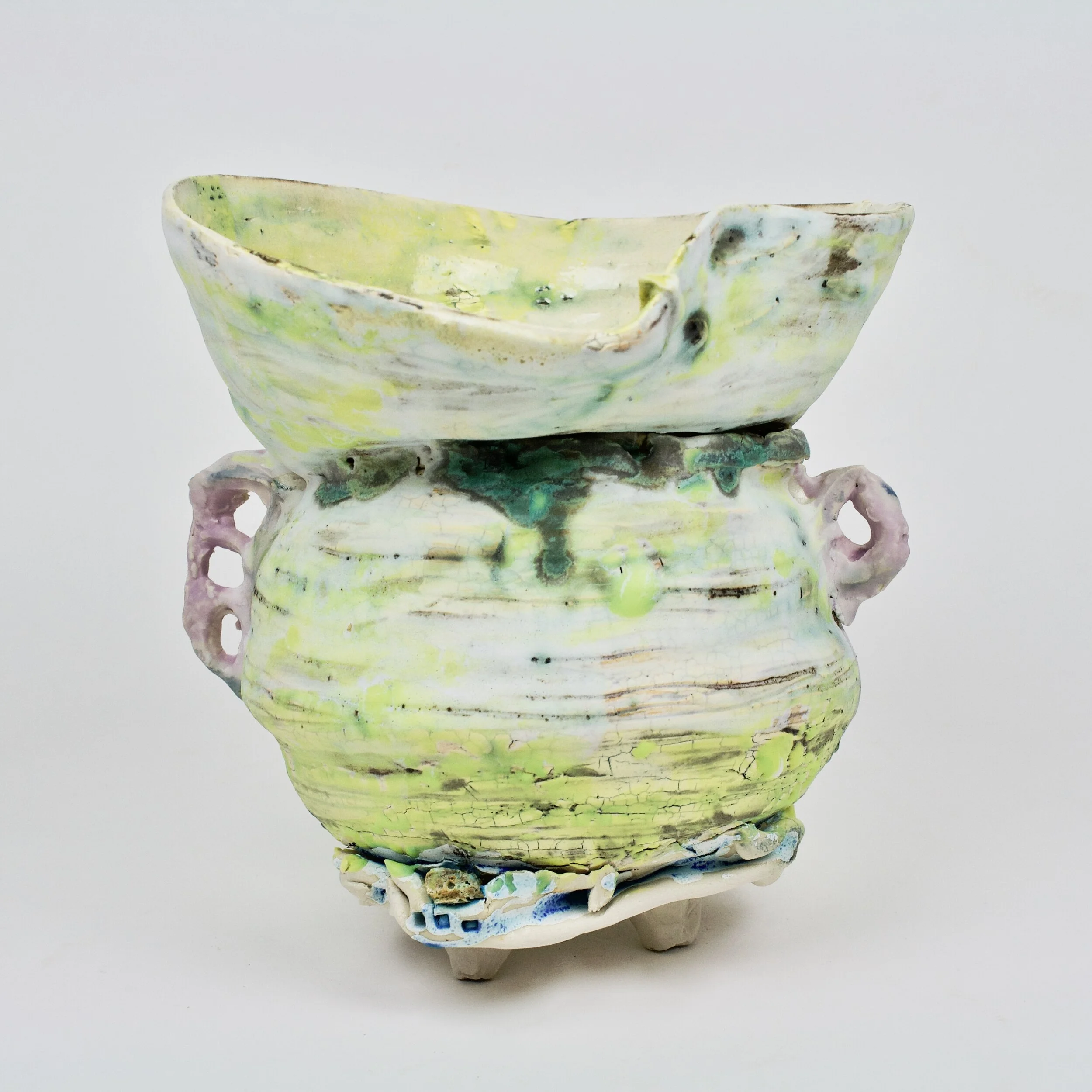 Yellow Vessel w/Lavender Handles and Porcelain Feet 9x8”, $750, For more info or to purchase, CLICK HERE