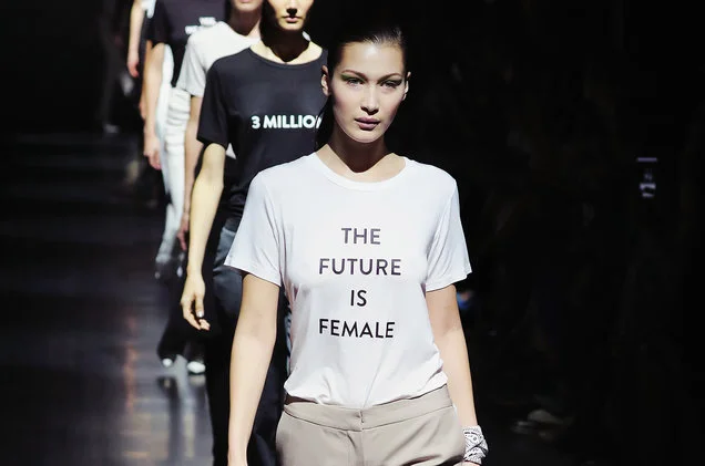 Bella Hadid sporting Prabal Gurung's feminist shirt at his 2016 New York Fashion Week Show.