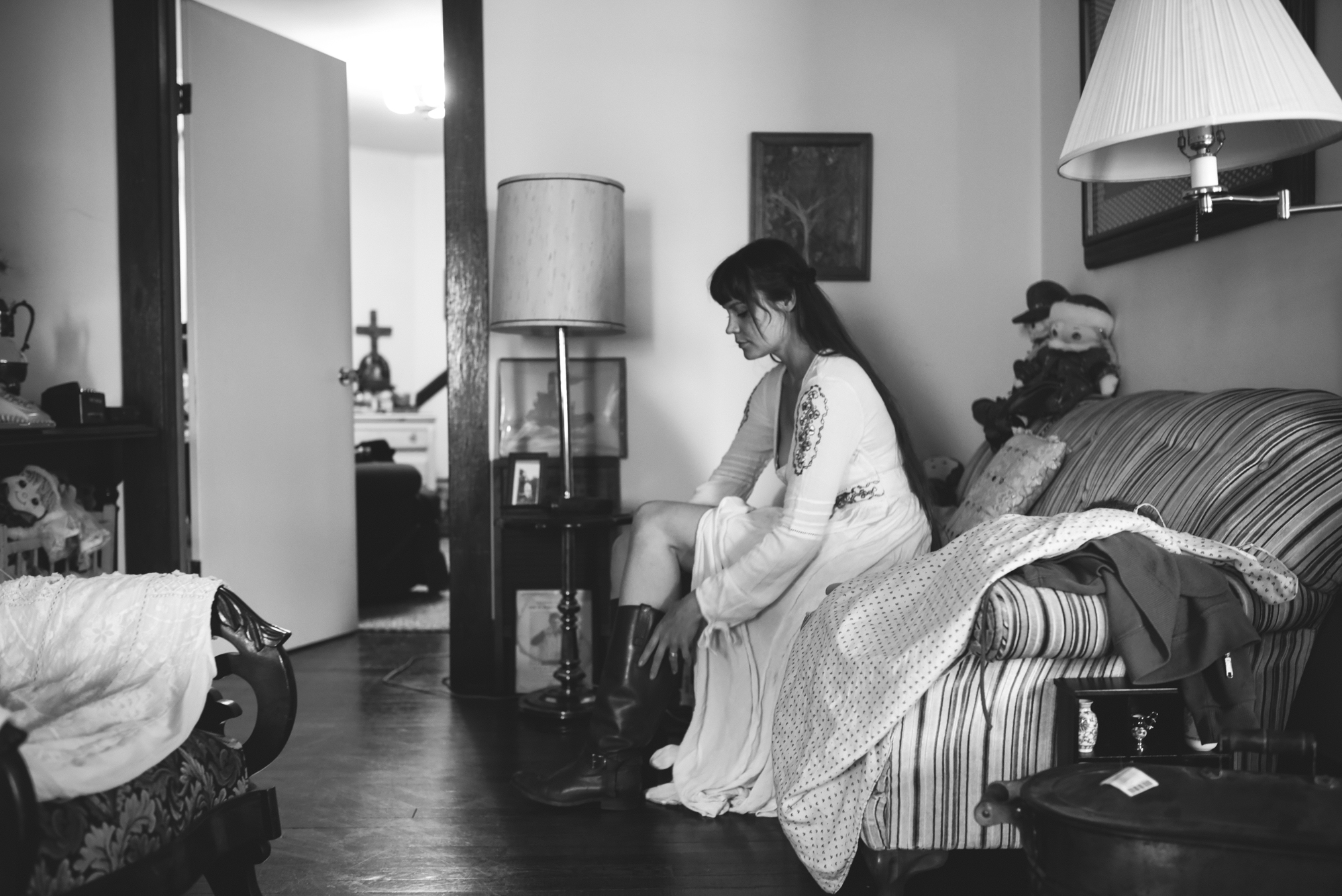  Mountains, Outdoors, Rustic, West Virginia, Maryland Wedding Photographer, DIY, Casual, Bride getting ready before ceremony, Bride wearing cowboy boots, Black and White Photos 