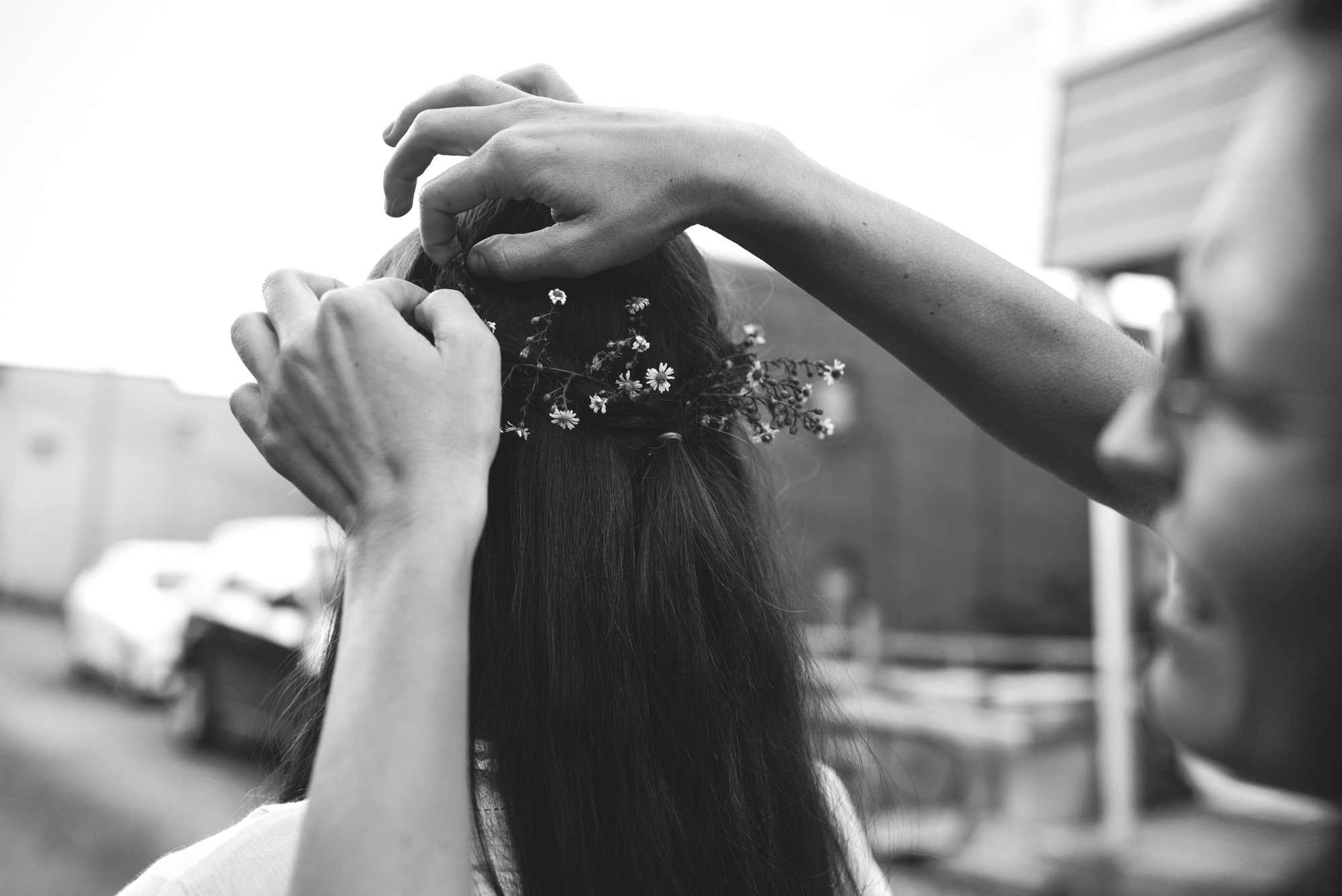  Mountains, Outdoors, Rustic, West Virginia, Maryland Wedding Photographer, DIY, Casual, Black and White Photo, Baby’s Breath in Hair, Bride getting ready 