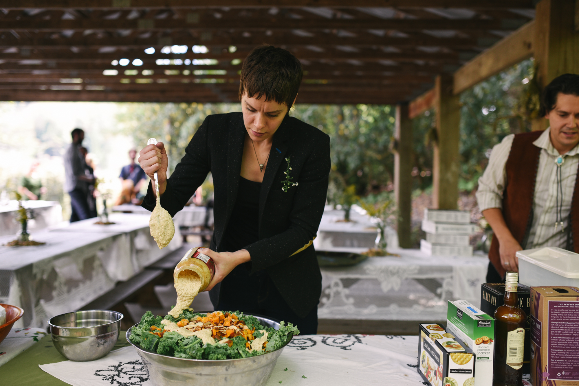 Mountain Wedding, Outdoors, Rustic, West Virginia, Maryland Wedding Photographer, DIY, Casual, Family prepping food for reception 