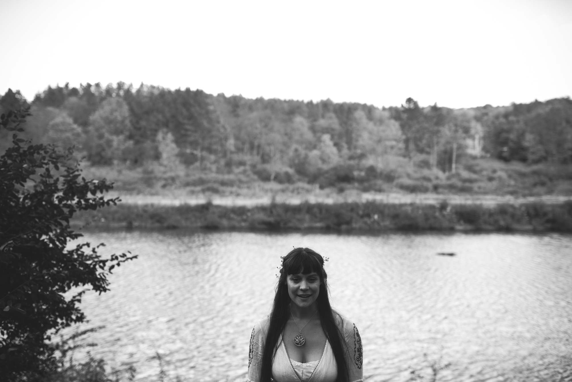  Mountain Wedding, Outdoors, Rustic, West Virginia, Maryland Wedding Photographer, DIY, Casual, black and white photo, bride smiling and posing in front of water, Blackwater River 