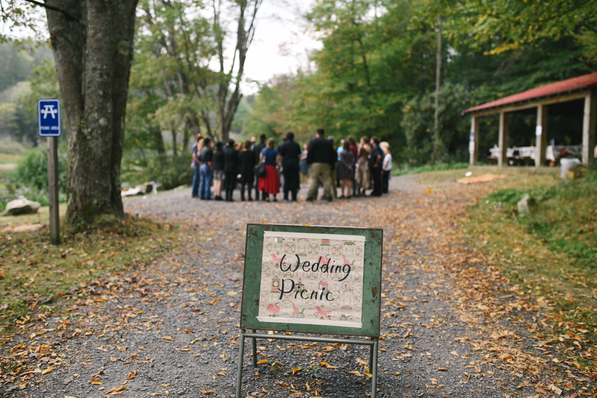  Mountain Wedding, Outdoors, Rustic, West Virginia, Maryland Wedding Photographer, DIY, Casual, Signage for Wedding Picnic, Guests gathered outside 