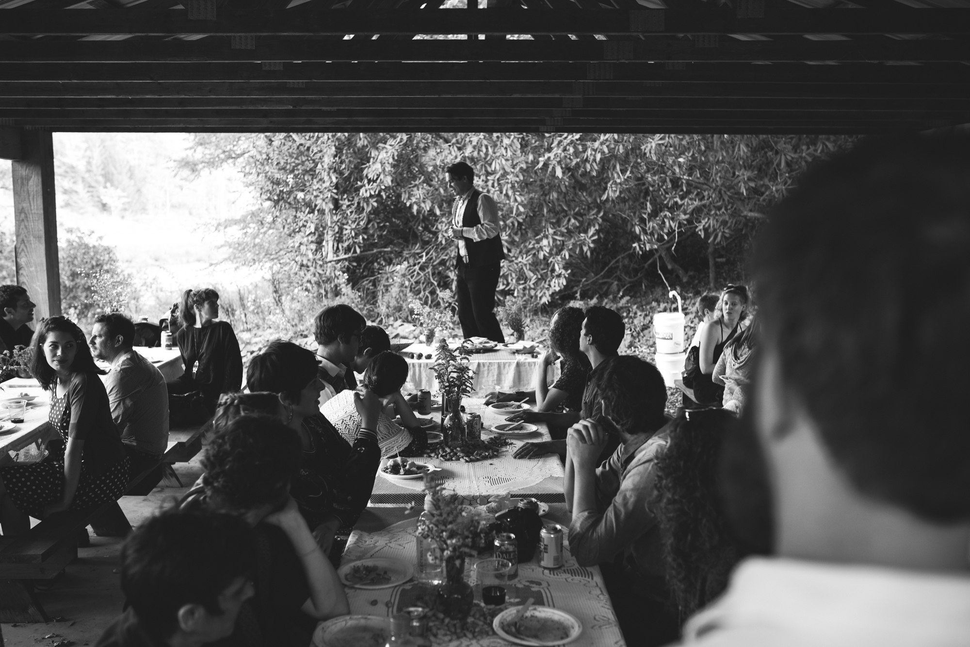  Mountain Wedding, Outdoors, Rustic, West Virginia, Maryland Wedding Photographer, DIY, Casual, groom standing on chair at reception, black and white photo 