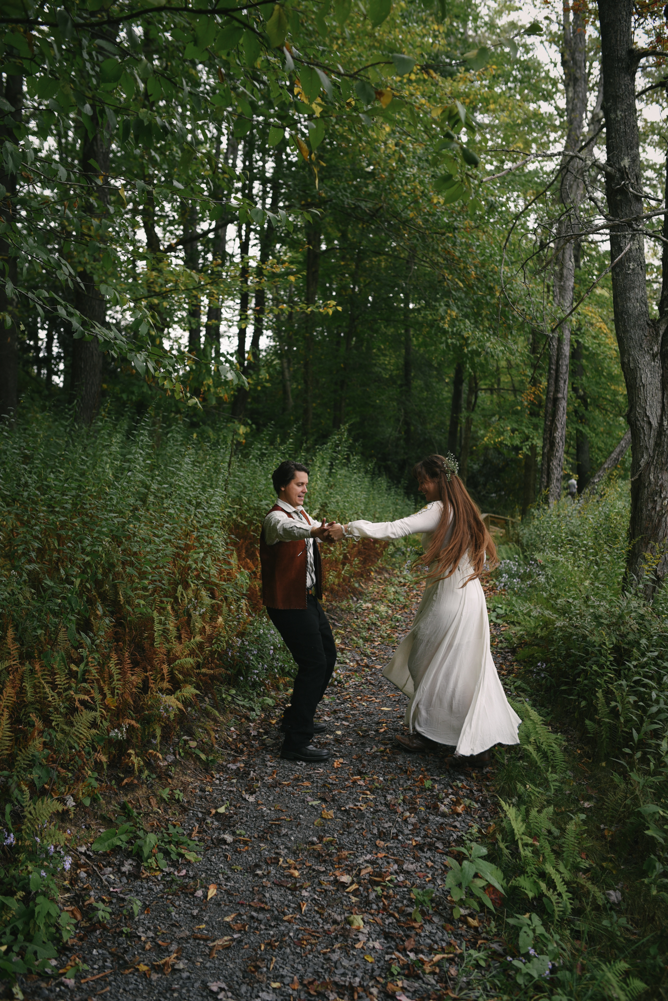  Mountain Wedding, Outdoors, Rustic, West Virginia, Maryland Wedding Photographer, DIY, Casual, bride and groom dancing on trail in the woods, boho, etherial  