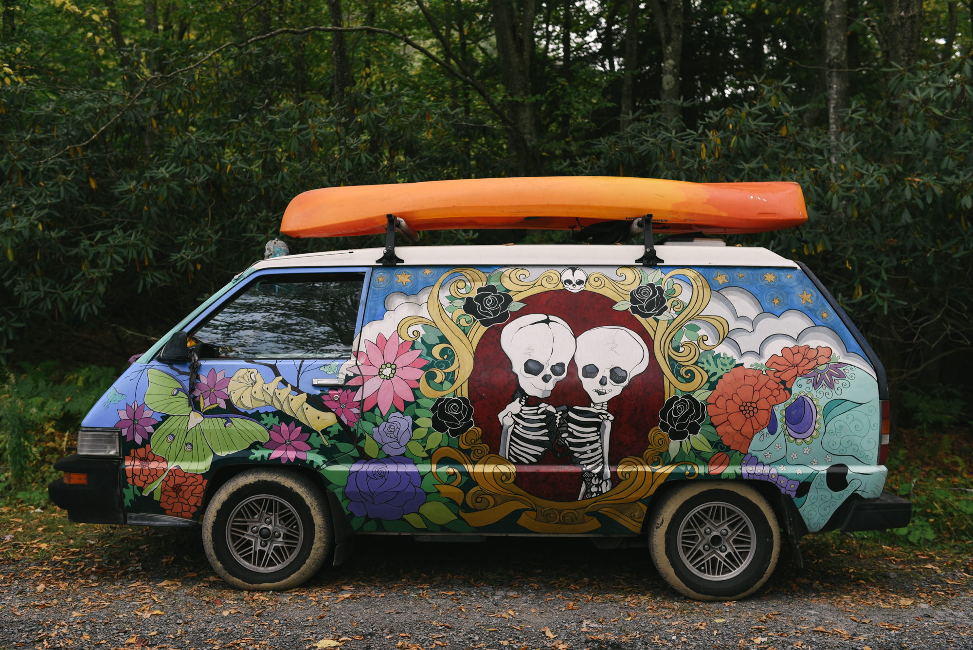  Mountain Wedding, Outdoors, Rustic, West Virginia, Maryland Wedding Photographer, DIY, Casual, Colorful painted van, painting of skeletons on van 