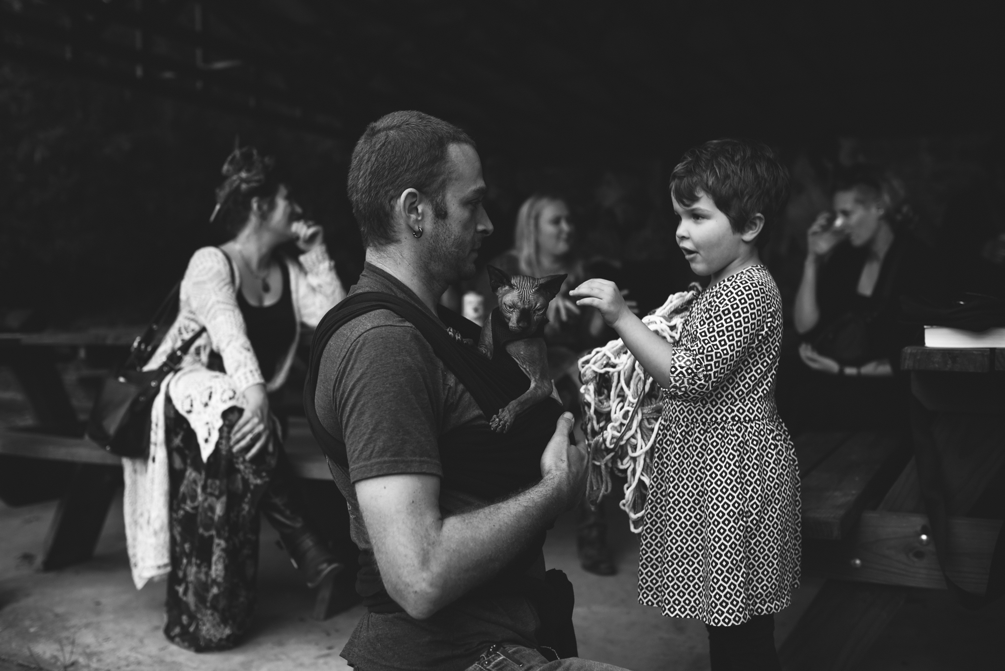  Mountain Wedding, Outdoors, Rustic, West Virginia, Maryland Wedding Photographer, DIY, Casual, black and white photo, little girl petting hairless cat 