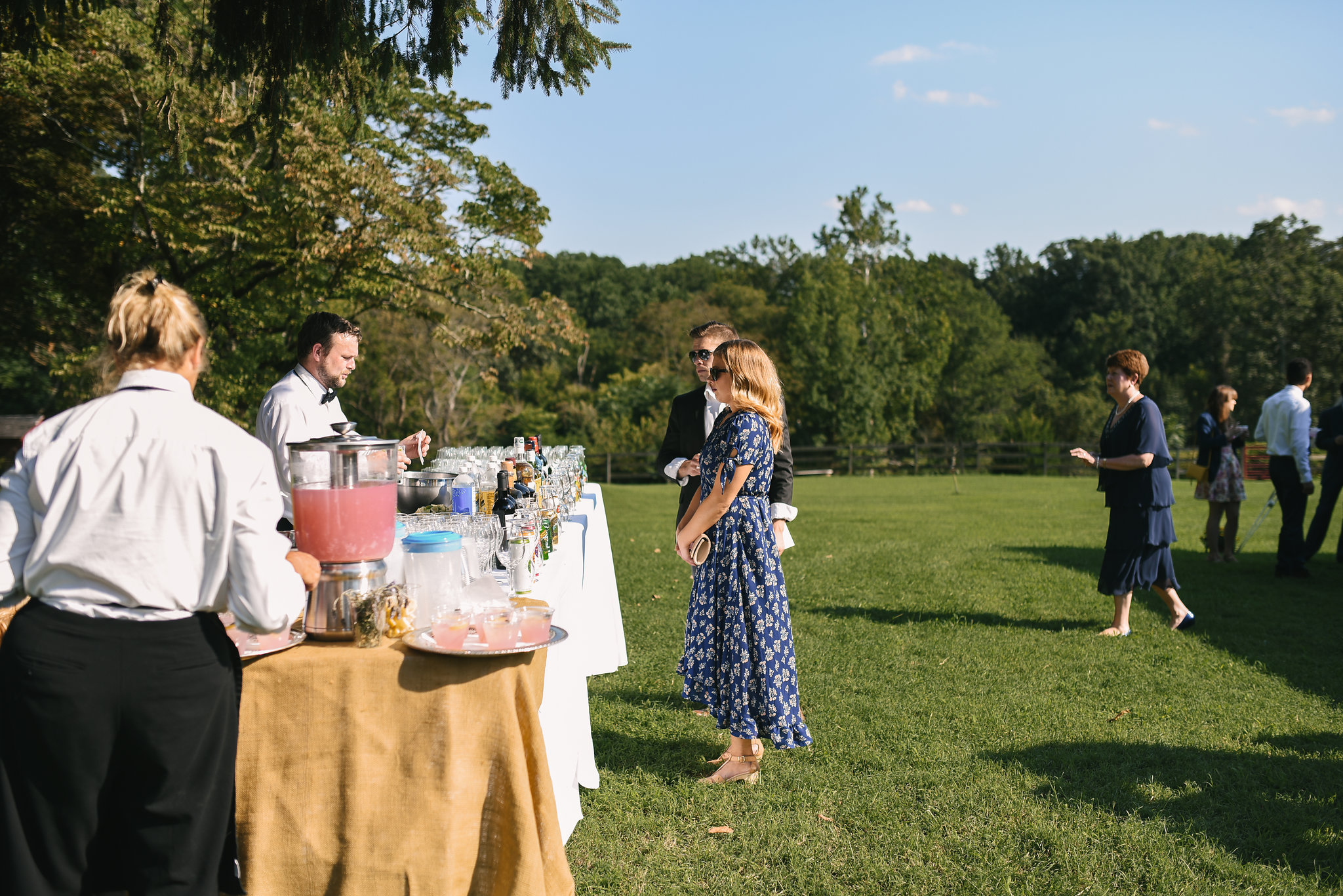  Maryland, Eastern Shore, Baltimore Wedding Photographer, Romantic, Boho, Backyard Wedding, Nature, Wedding Guests Getting Drinks at Reception Bar, Outdoor Reception 