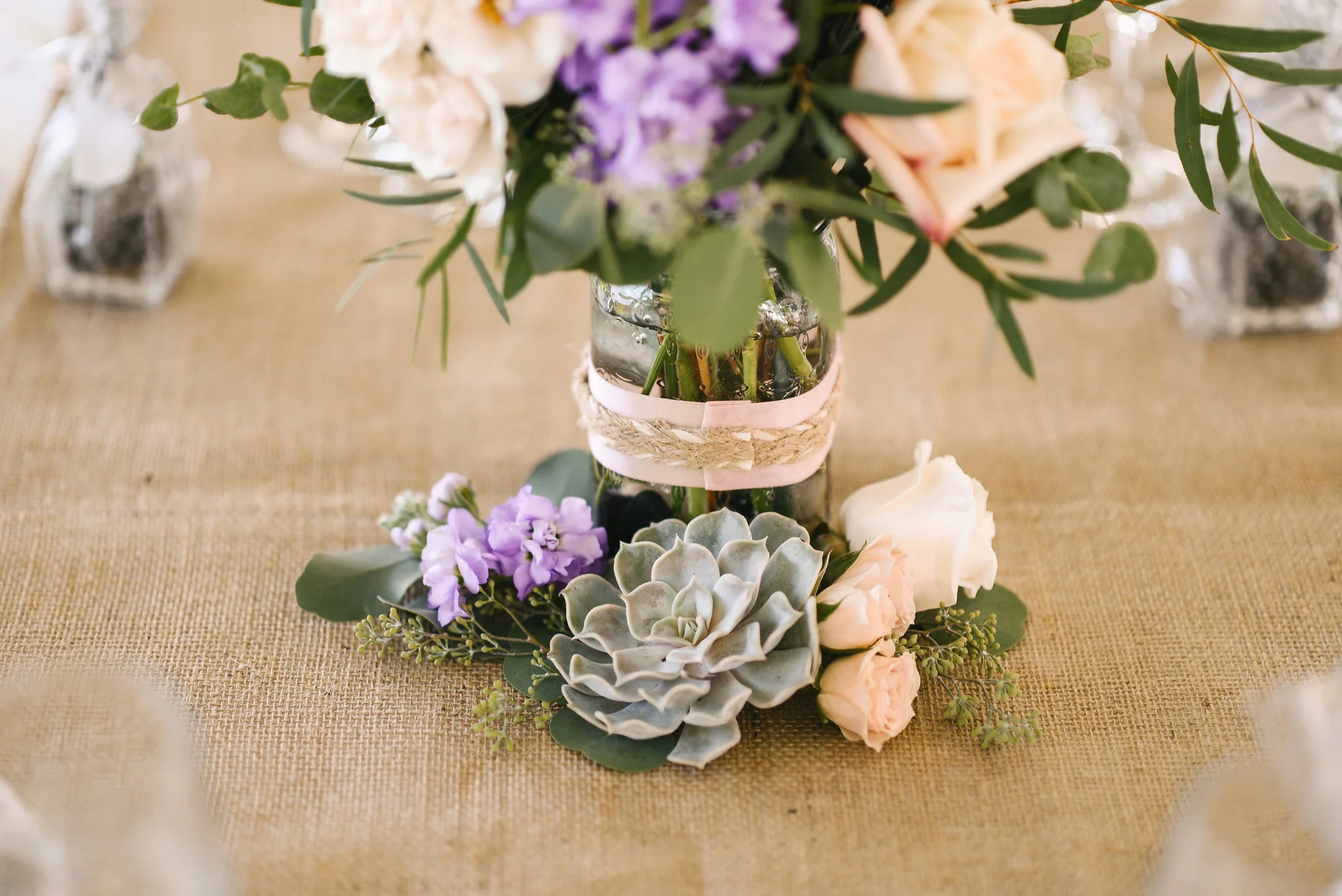 Maryland, Eastern Shore, Baltimore Wedding Photographer, Romantic, Boho, Backyard Wedding, Nature, Centerpieces of White and Purple Flowers and Succulents, Michael Designs Florist