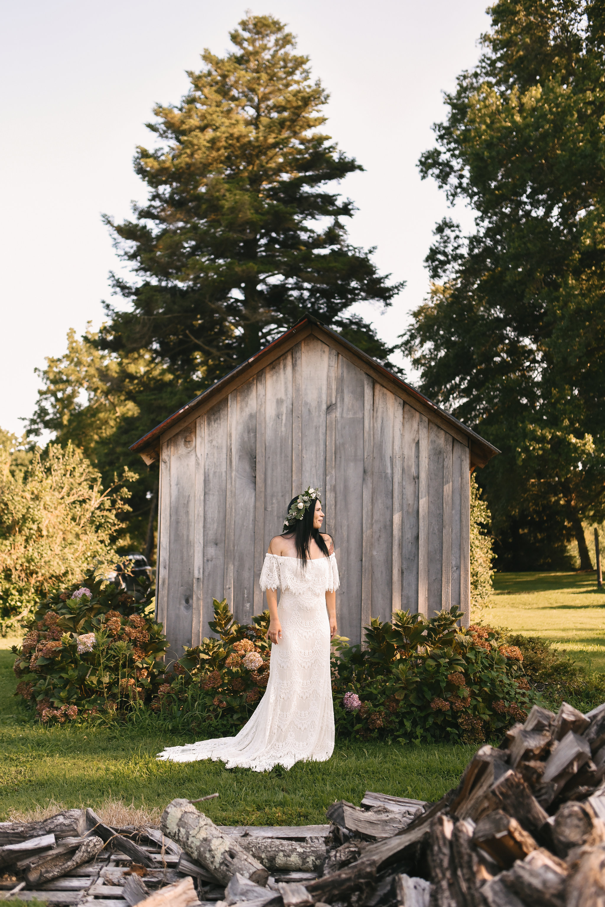  Maryland, Eastern Shore, Baltimore Wedding Photographer, Romantic, Boho, Backyard Wedding, Nature, Portrait of Bride Outside, Daughters of Simone Wedding Dress, Flower Crown 