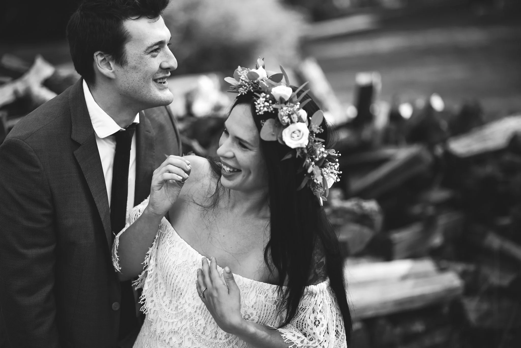 Maryland, Eastern Shore, Baltimore Wedding Photographer, Romantic, Boho, Backyard Wedding, Nature, Bride and Groom Laughing Together, Black and White Photo, Flower Crown
