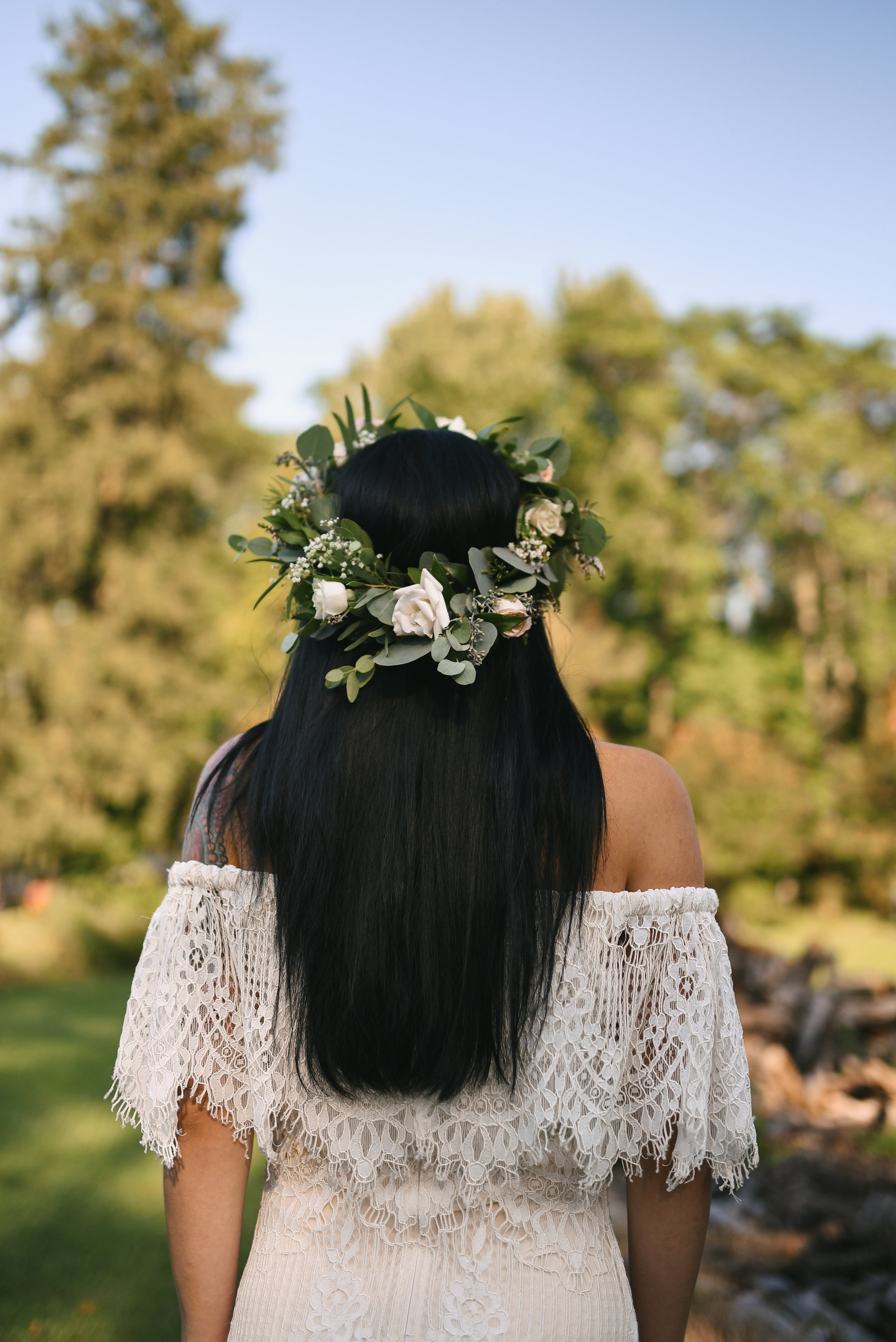  Maryland, Eastern Shore, Baltimore Wedding Photographer, Romantic, Boho, Backyard Wedding, Nature, White Rose Flower Crown, Lace Daughters of Simone Wedding Dress, Bridal Hair 