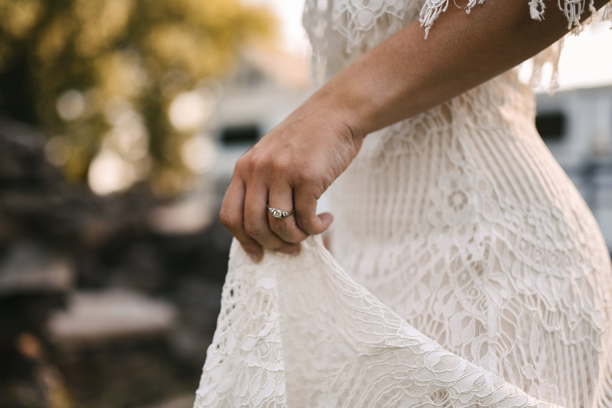  Maryland, Eastern Shore, Baltimore Wedding Photographer, Romantic, Boho, Backyard Wedding, Nature, Detail Photo of Engagement Ring and Lace Wedding Dress, Daughters of Simone Dress 