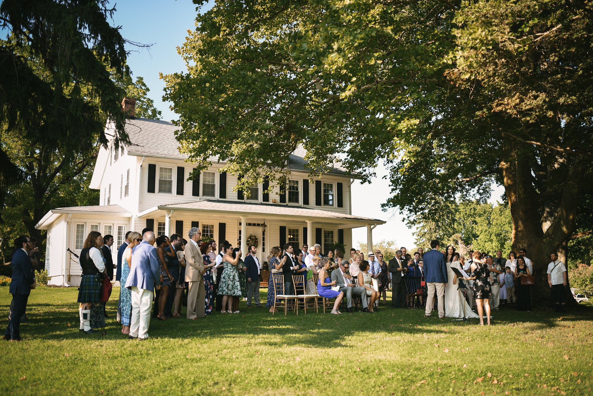  Maryland, Eastern Shore, Baltimore Wedding Photographer, Romantic, Boho, Backyard Wedding, Nature, Guests Gathered in Backyard for Ceremony 