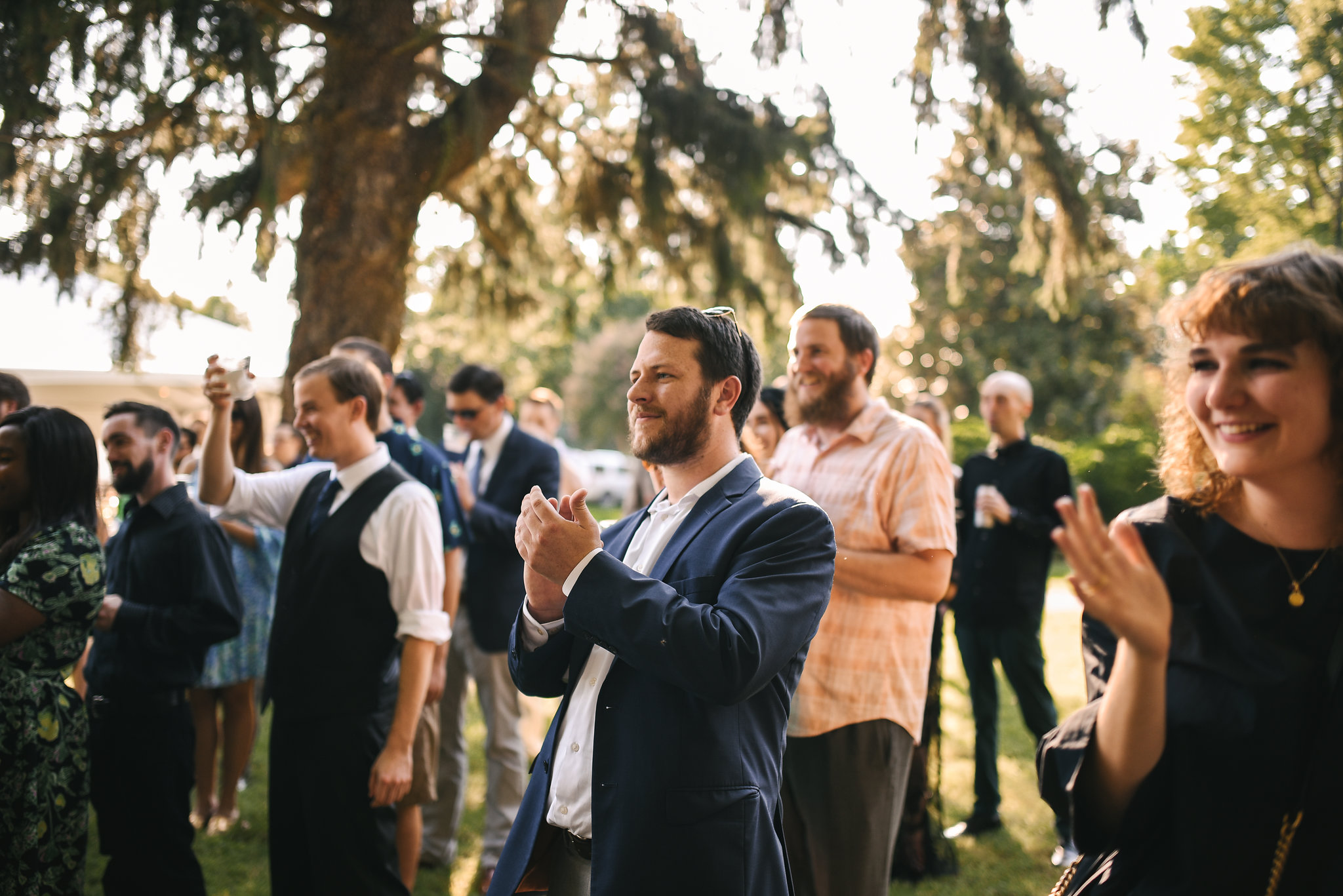  Maryland, Eastern Shore, Baltimore Wedding Photographer, Romantic, Boho, Backyard Wedding, Nature, Wedding Guests Cheering for the Bride and Groom at Ceremony 