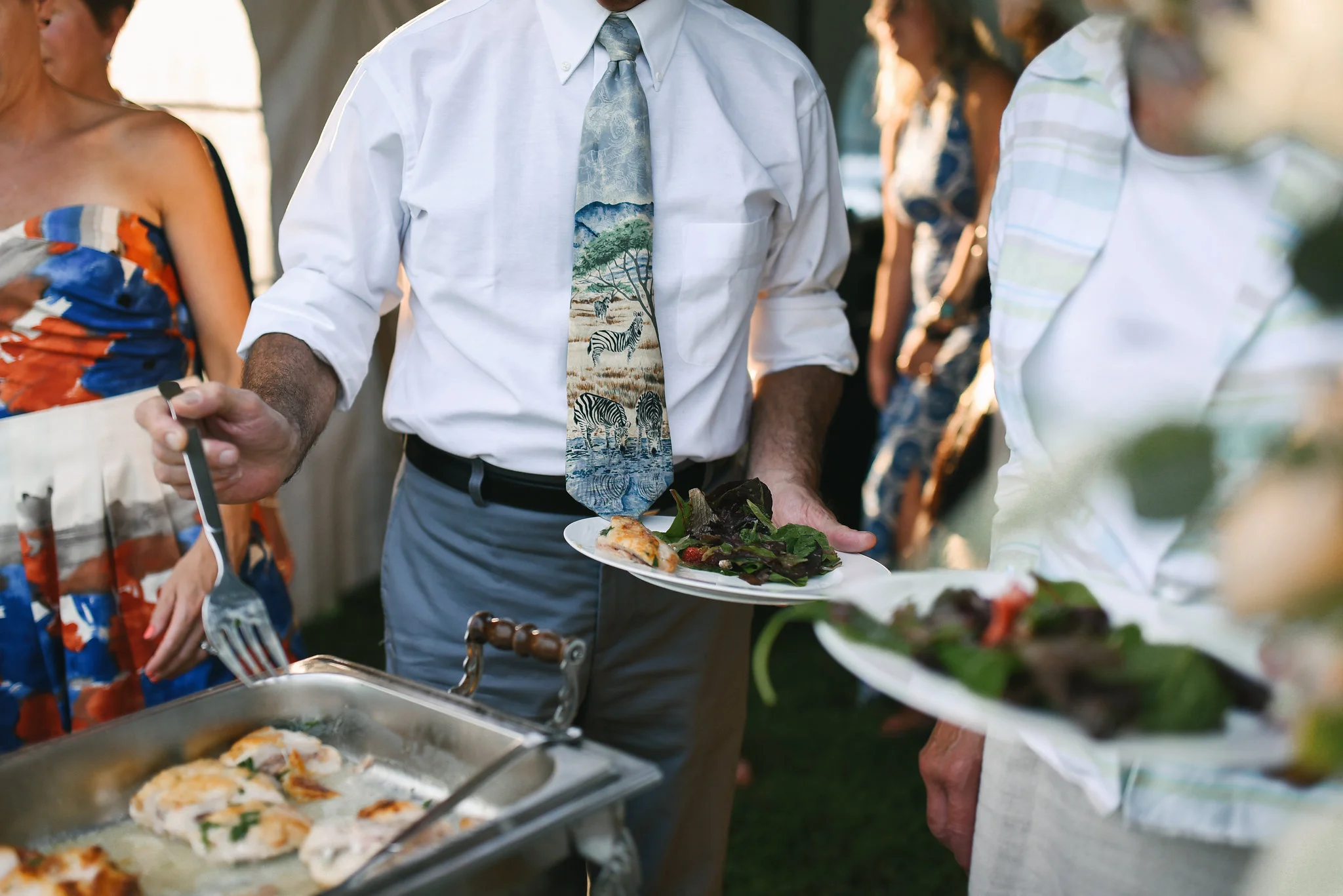 Maryland, Eastern Shore, Baltimore Wedding Photographer, Romantic, Boho, Backyard Wedding, Nature, Wedding Guests at Reception Buffet, Ken’s Creative Kitchen